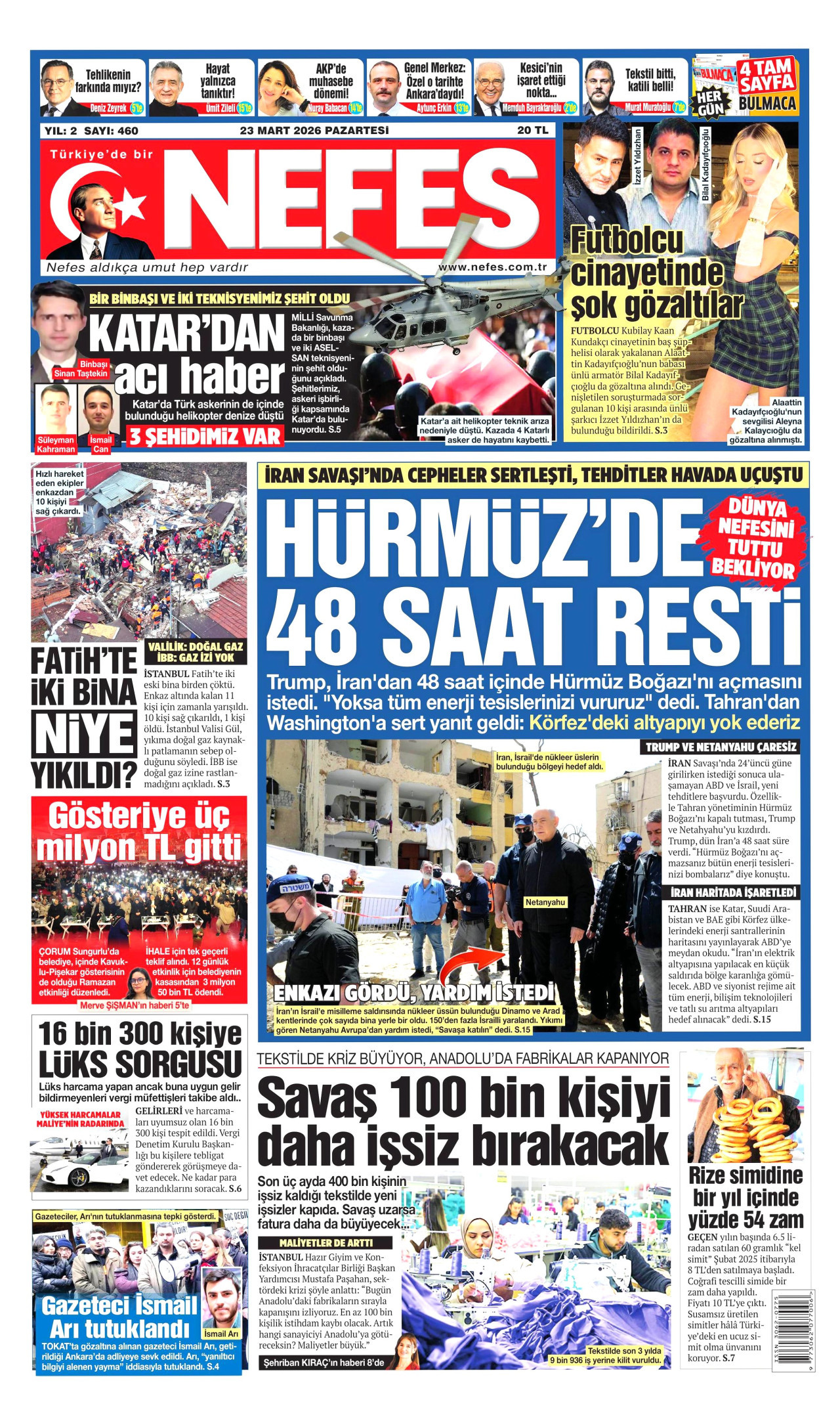 NEFES gazetesinin 23 Mart 2026 tarihli birinci sayfası