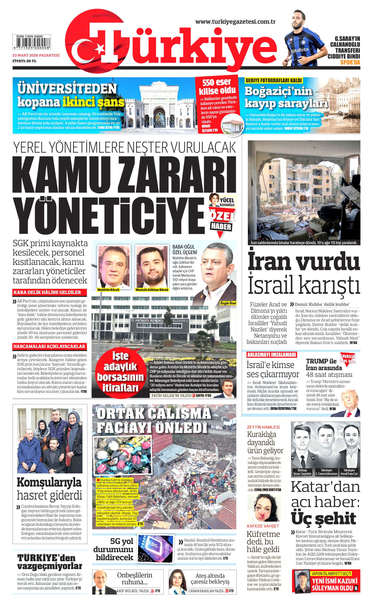 TÜRKİYE GAZETESİ gazetesinin 23 Mart 2026 tarihli birinci sayfası