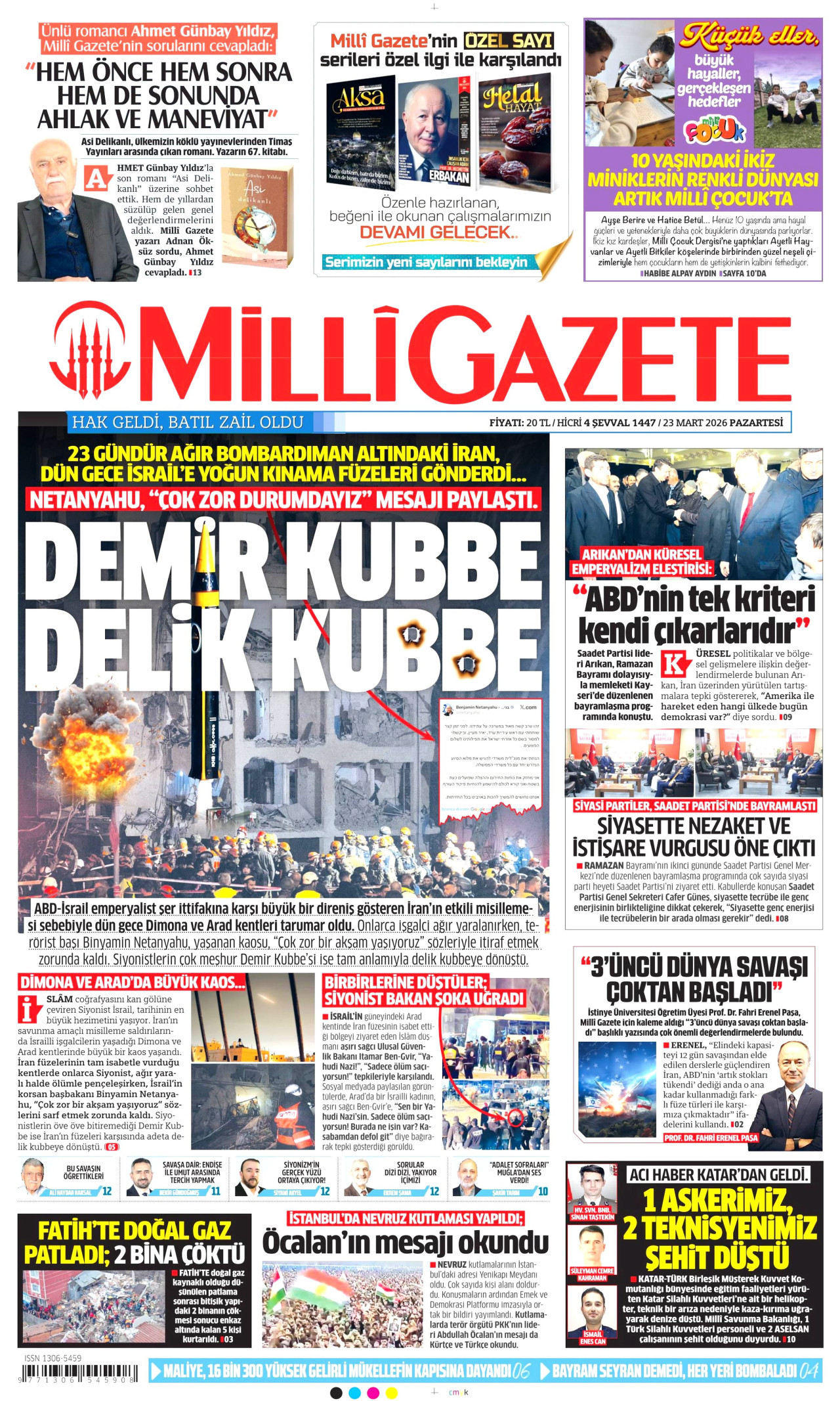 MİLLİ GAZETE gazetesinin 23 Mart 2026 tarihli birinci sayfası