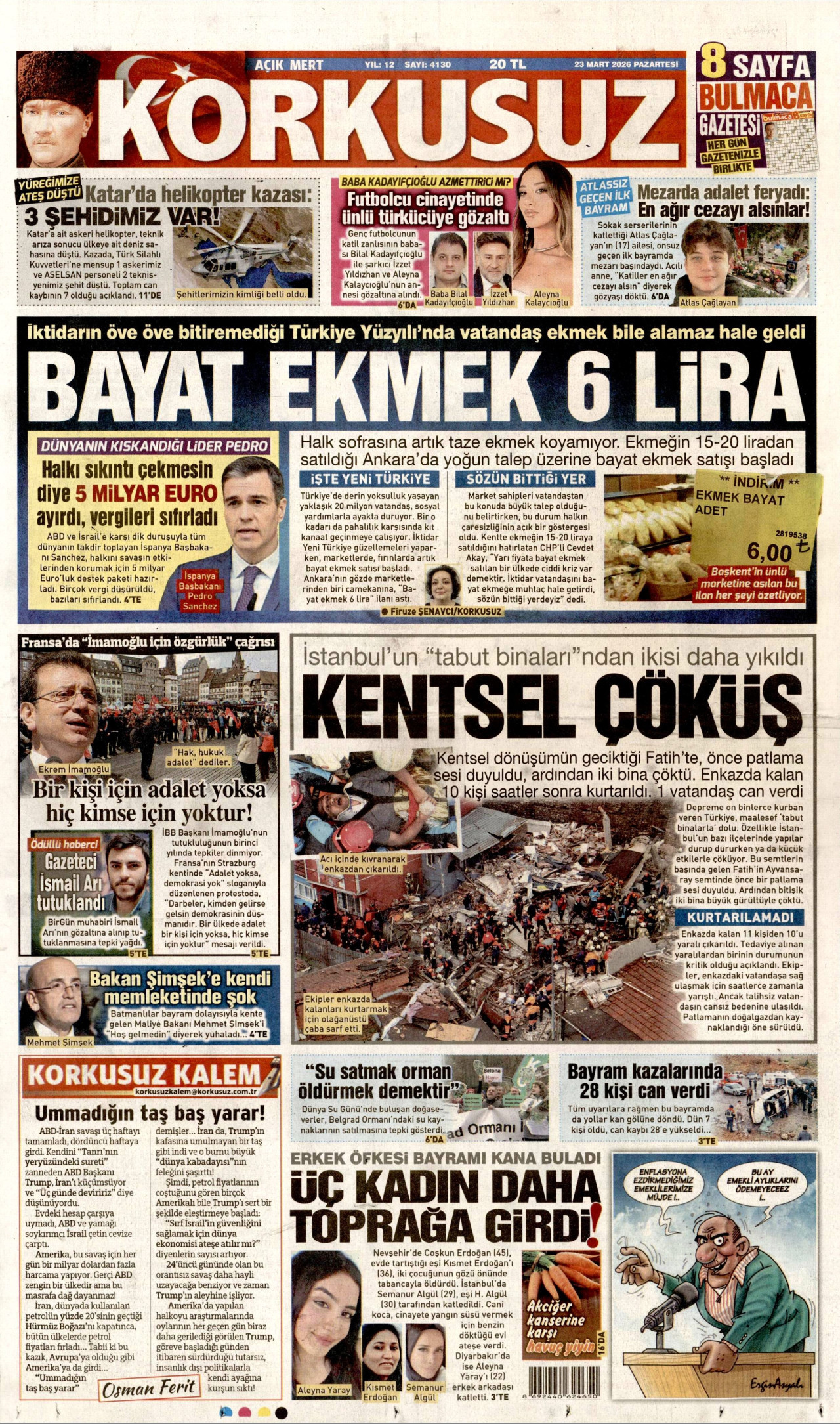 KORKUSUZ gazetesinin 23 Mart 2026 tarihli birinci sayfası