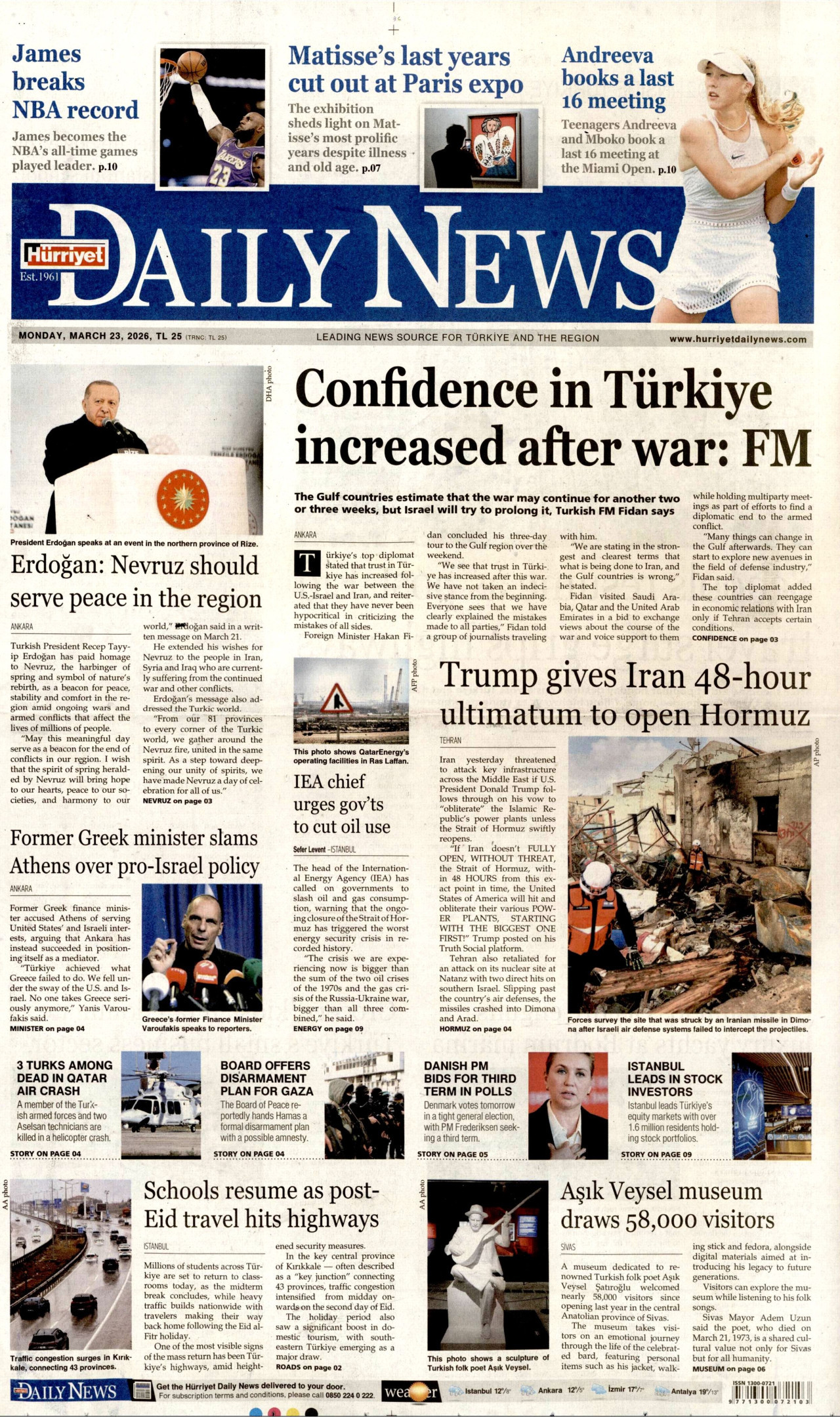 HÜRRİYET DAİLY NEWS gazetesinin 23 Mart 2026 tarihli birinci sayfası