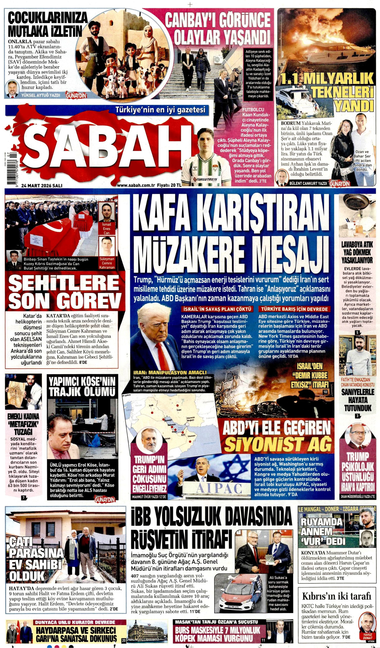 SABAH gazetesinin 24 Mart 2026 tarihli birinci sayfası