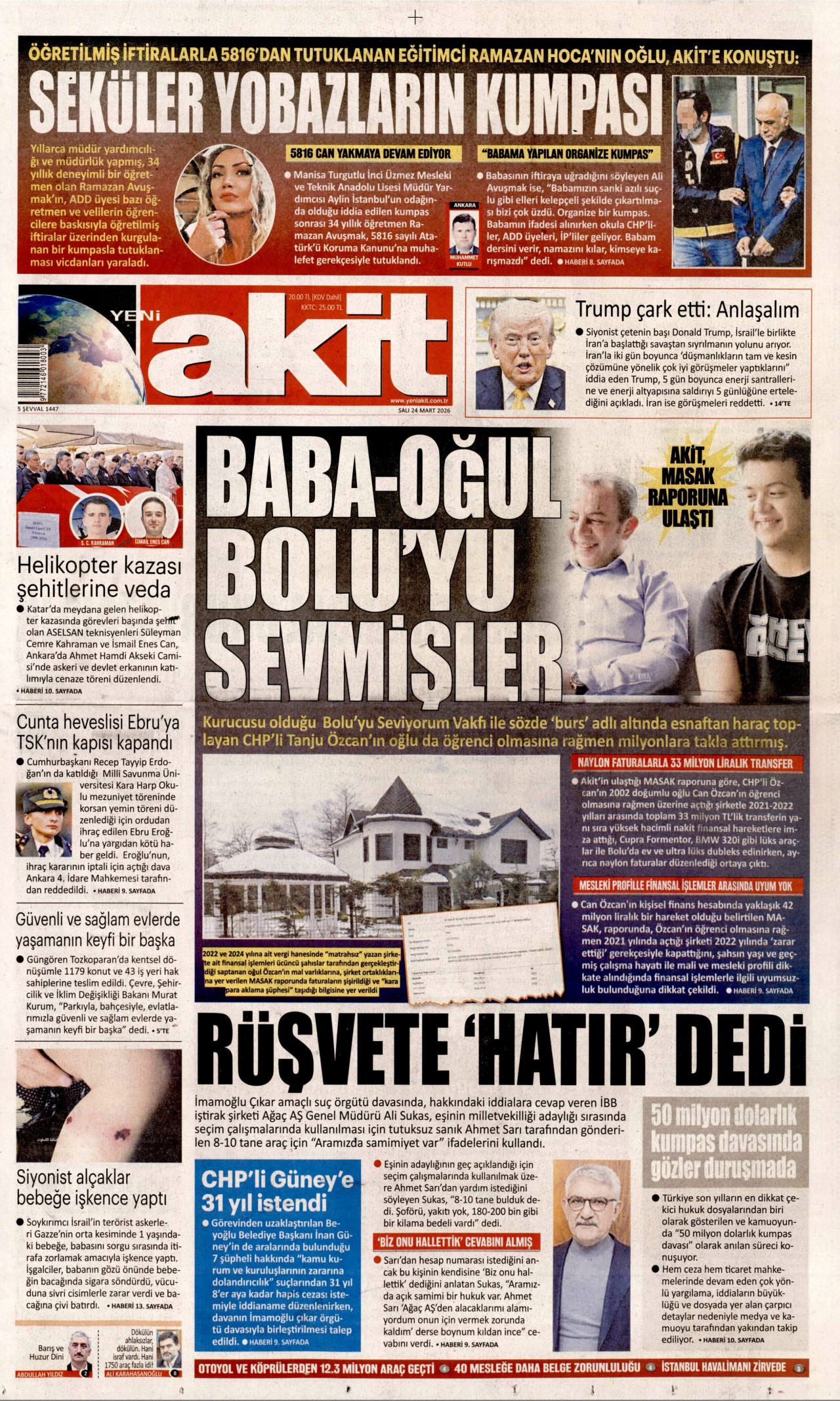 YENİ AKİT gazetesinin 24 Mart 2026 tarihli birinci sayfası