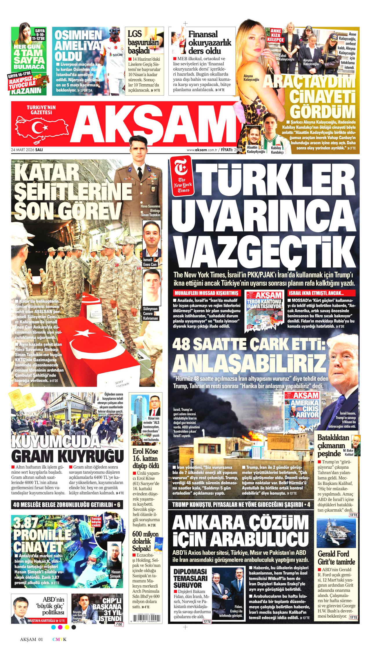 AKŞAM gazetesinin 24 Mart 2026 tarihli birinci sayfası