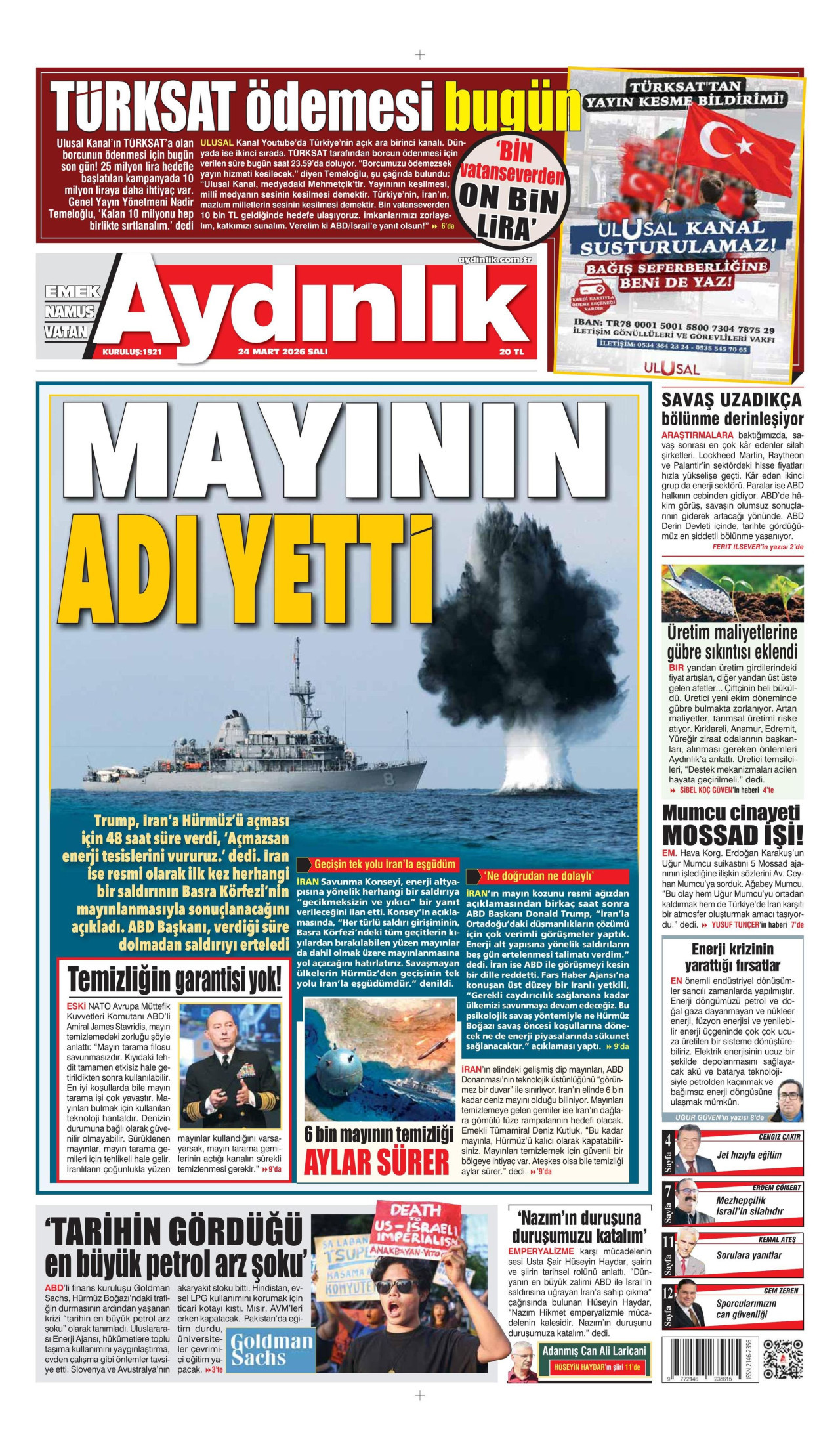 AYDINLIK GAZETESİ gazetesinin 24 Mart 2026 tarihli birinci sayfası