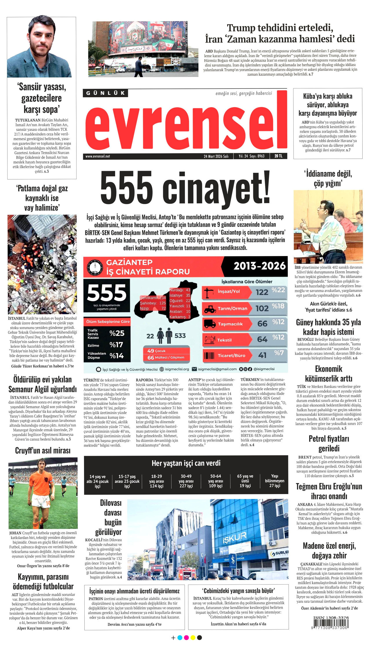 EVRENSEL gazetesinin 24 Mart 2026 tarihli birinci sayfası