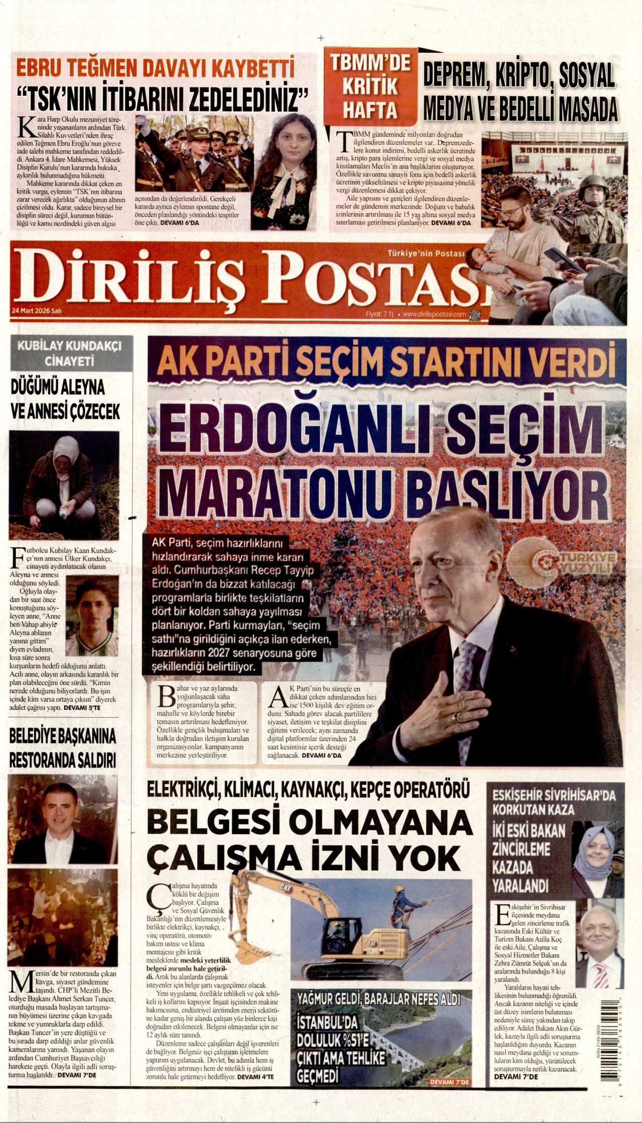 DİRİLİŞ POSTASI gazetesinin 24 Mart 2026 tarihli birinci sayfası