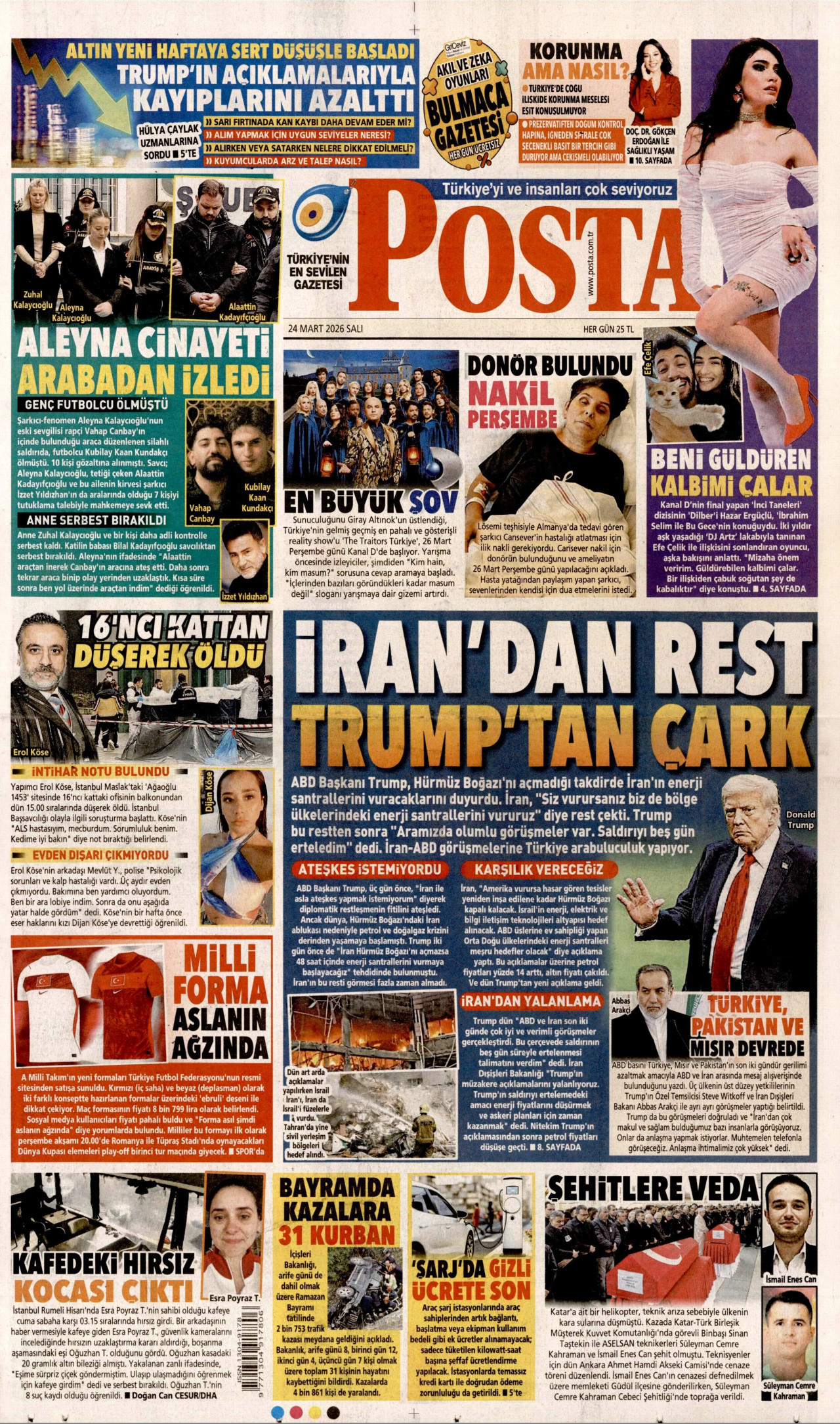 POSTA gazetesinin 24 Mart 2026 tarihli birinci sayfası