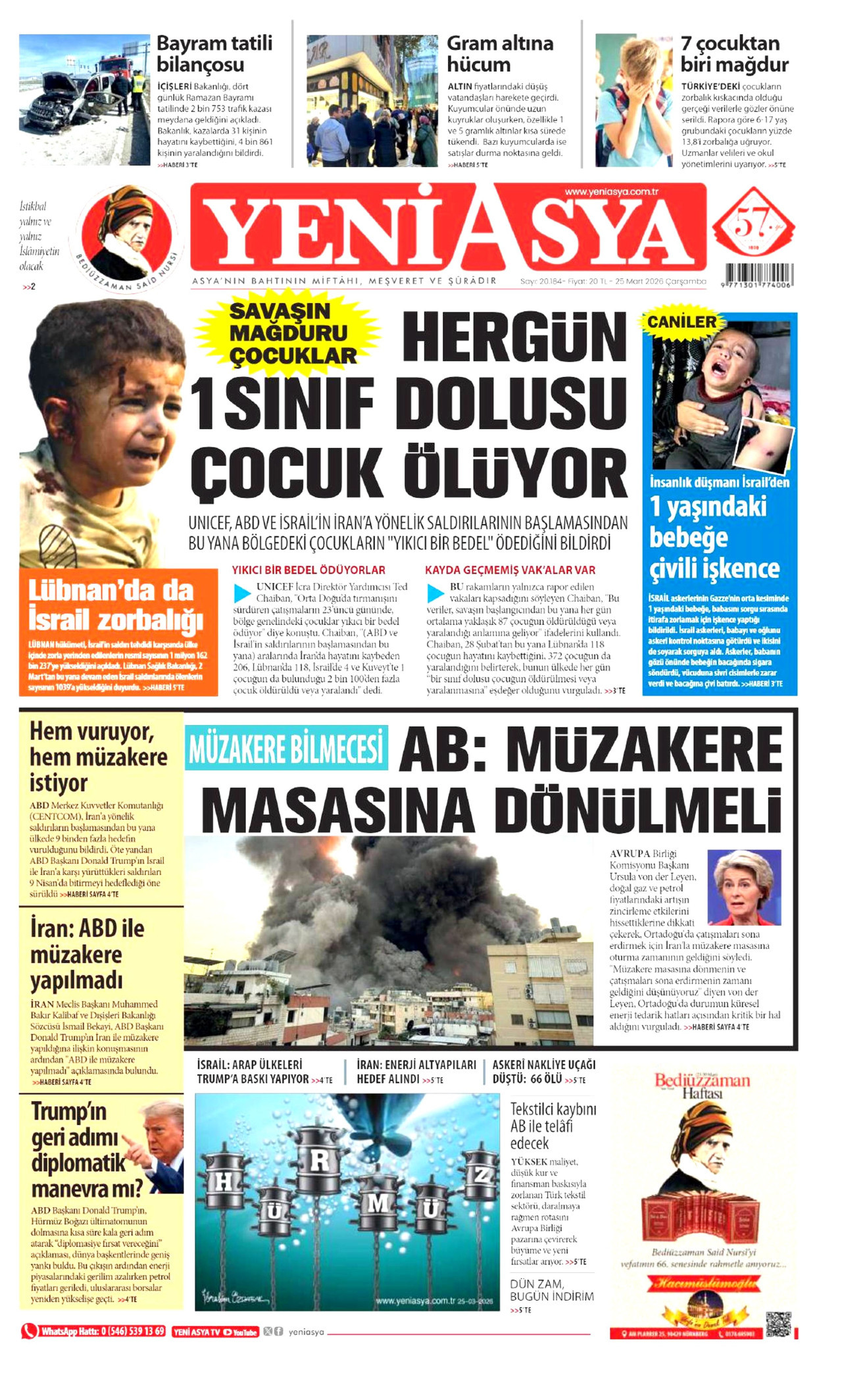 YENİ ASYA gazetesinin 25 Mart 2026 tarihli birinci sayfası