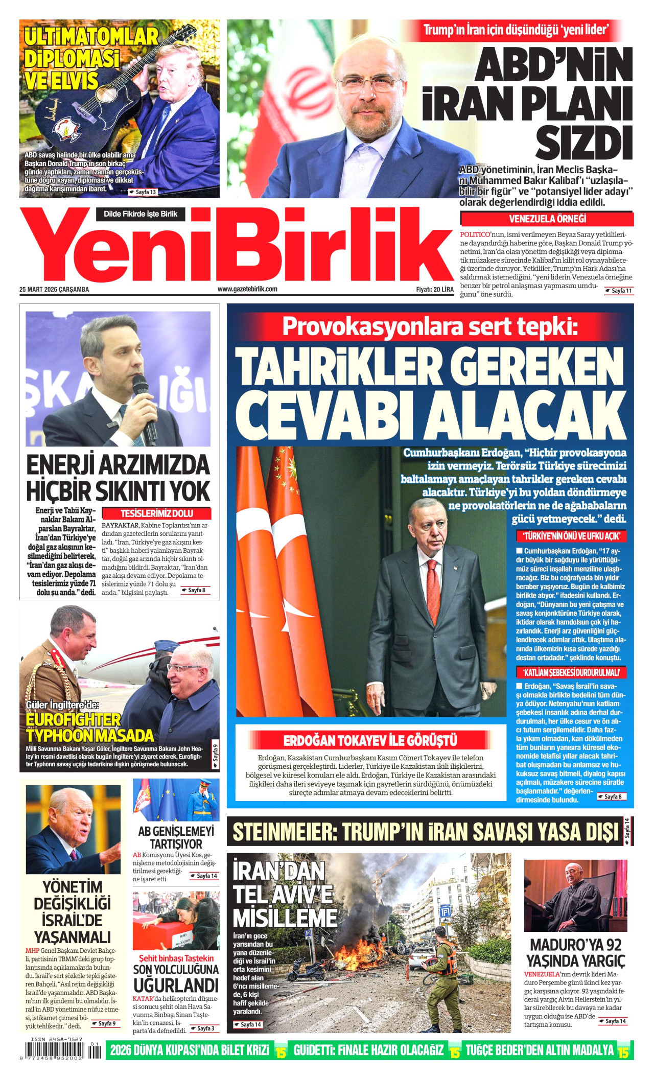 YENİBİRLİK gazetesinin 25 Mart 2026 tarihli birinci sayfası