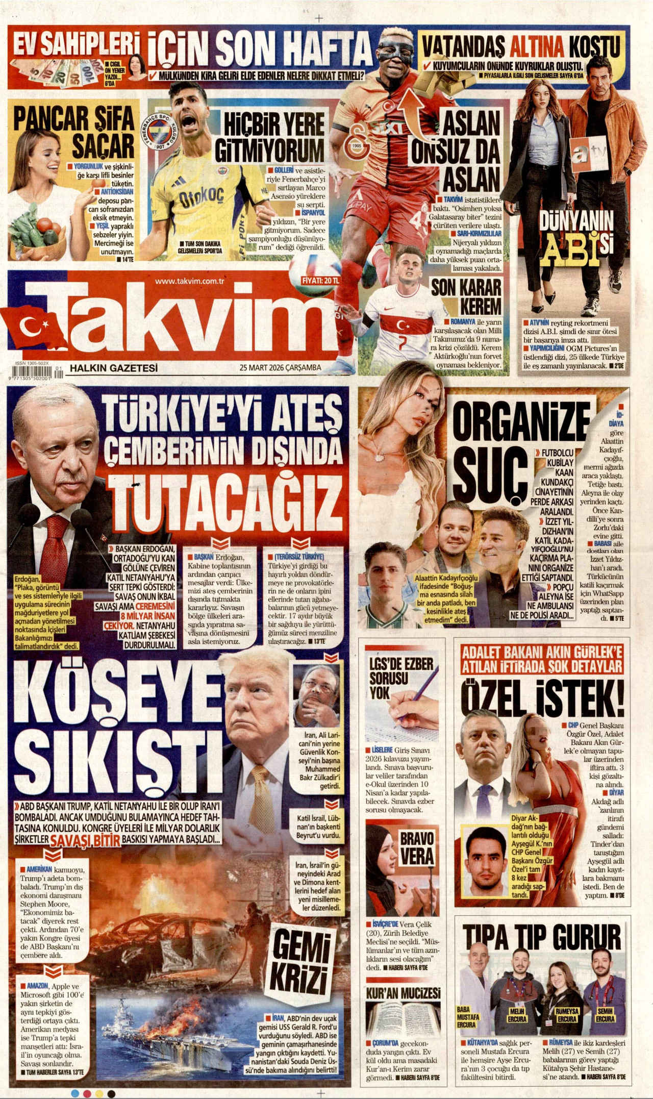 TAKVİM gazetesinin 25 Mart 2026 tarihli birinci sayfası