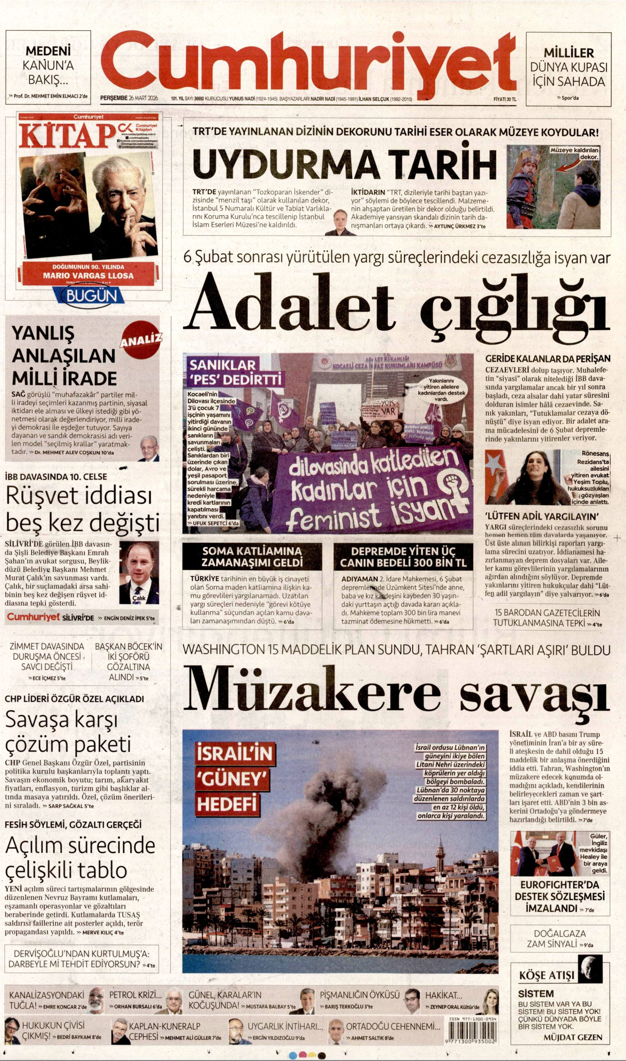 CUMHURİYET gazetesinin 26 Mart 2026 tarihli birinci sayfası