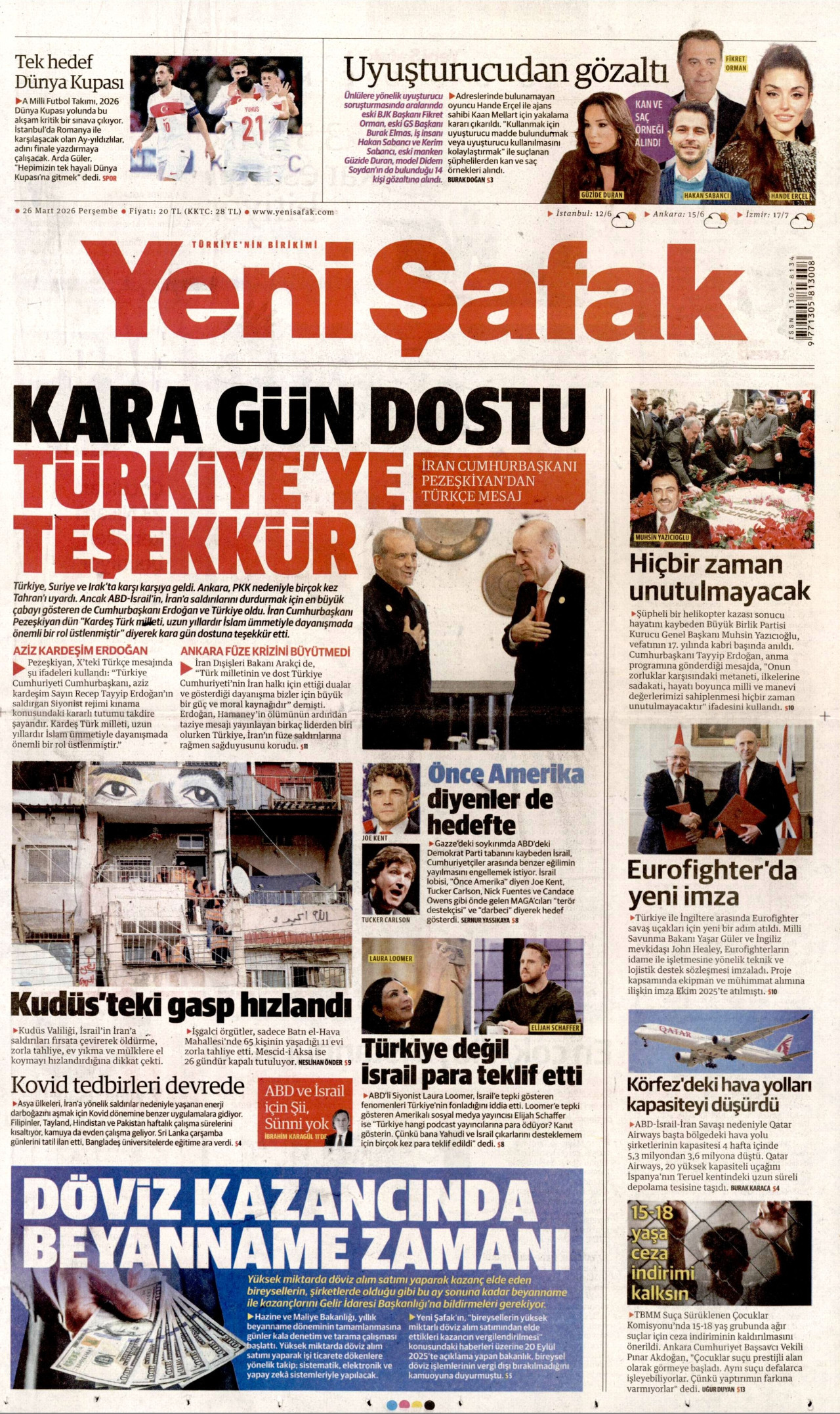 YENİ ŞAFAK gazetesinin 26 Mart 2026 tarihli birinci sayfası