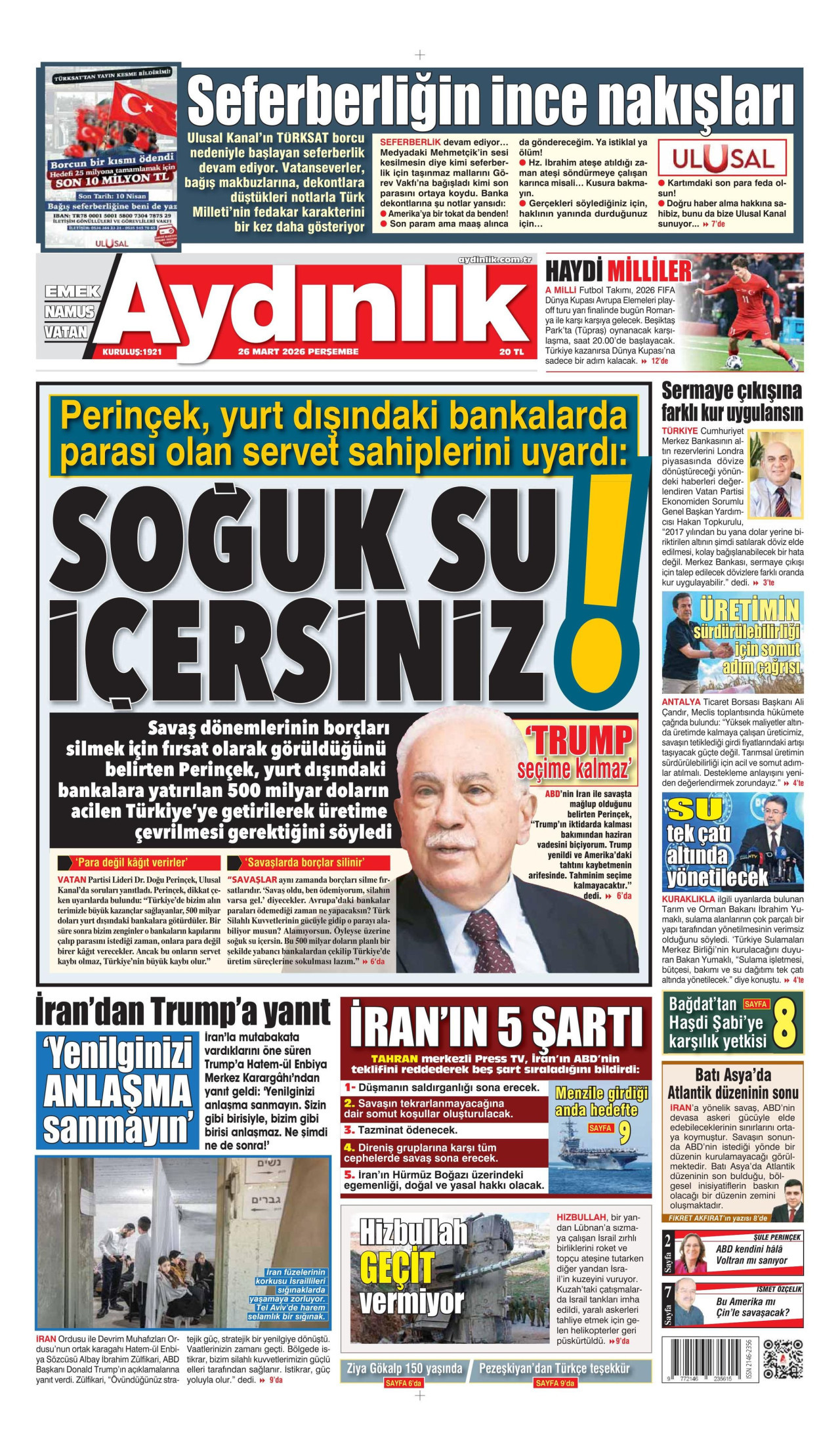 AYDINLIK GAZETESİ gazetesinin 26 Mart 2026 tarihli birinci sayfası