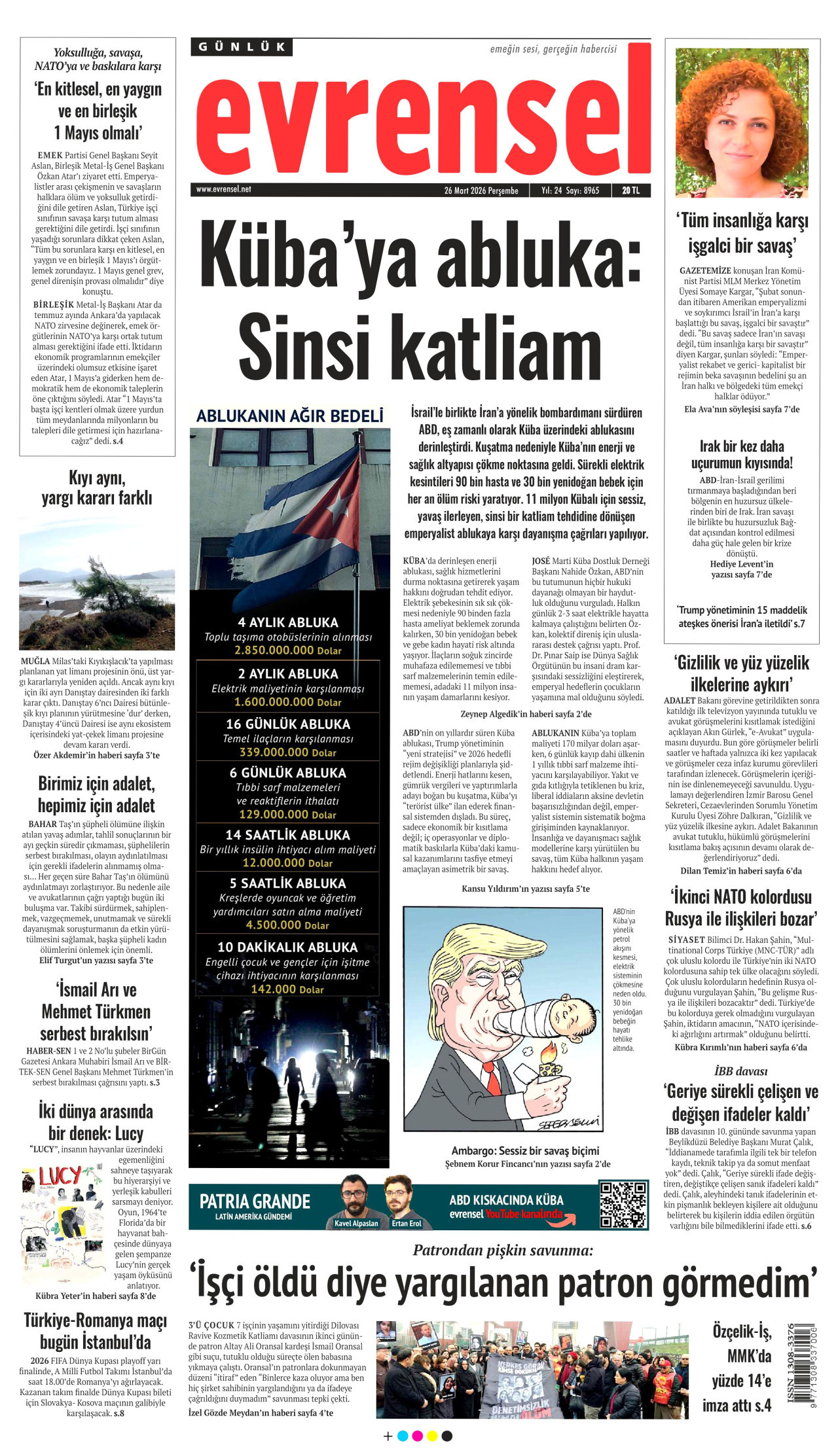 EVRENSEL gazetesinin 26 Mart 2026 tarihli birinci sayfası