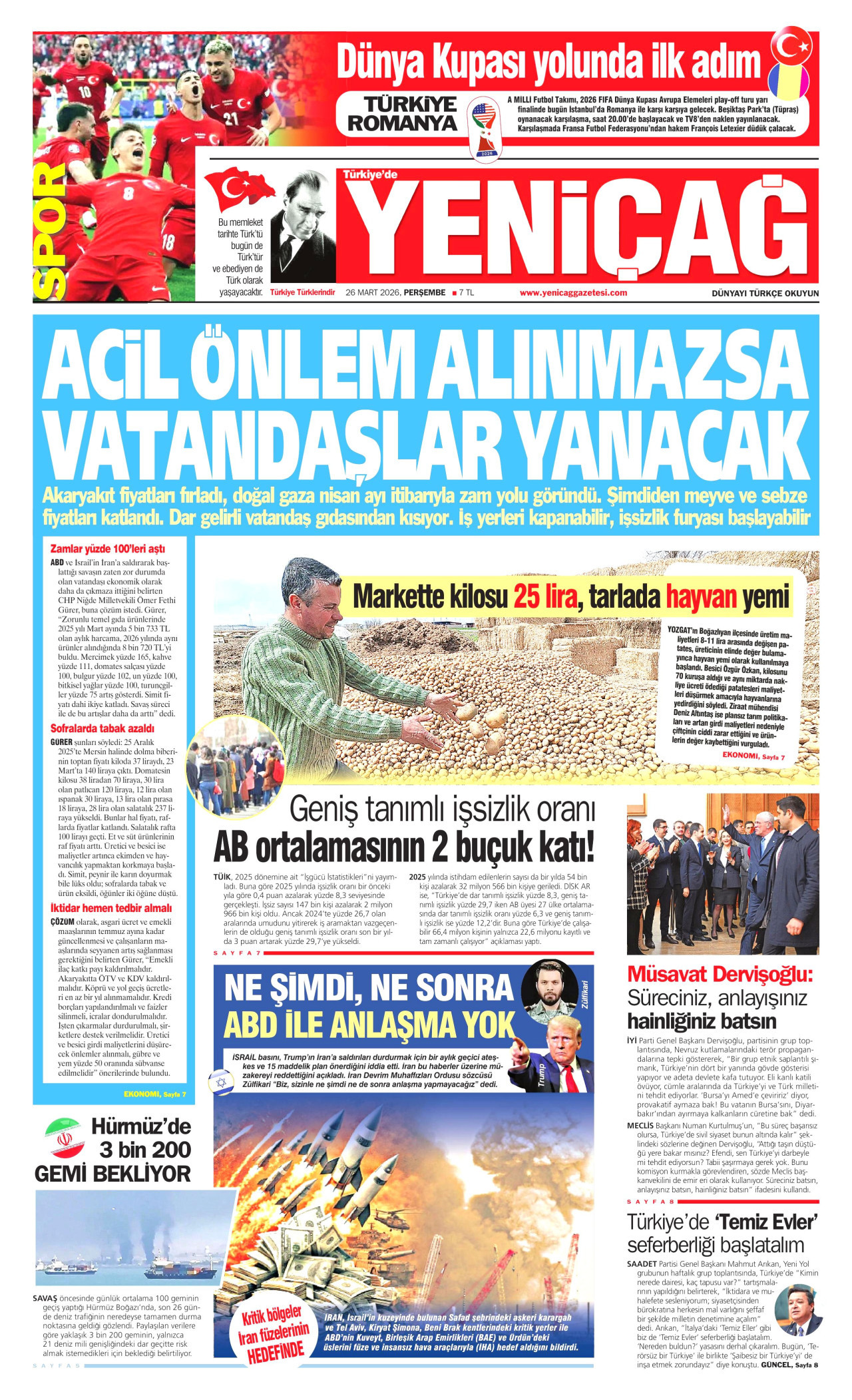 YENİÇAĞ gazetesinin 26 Mart 2026 tarihli birinci sayfası