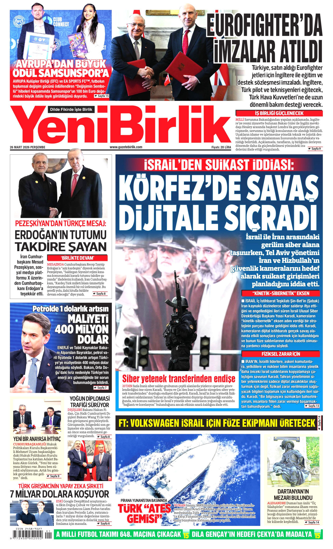YENİBİRLİK gazetesinin 26 Mart 2026 tarihli birinci sayfası