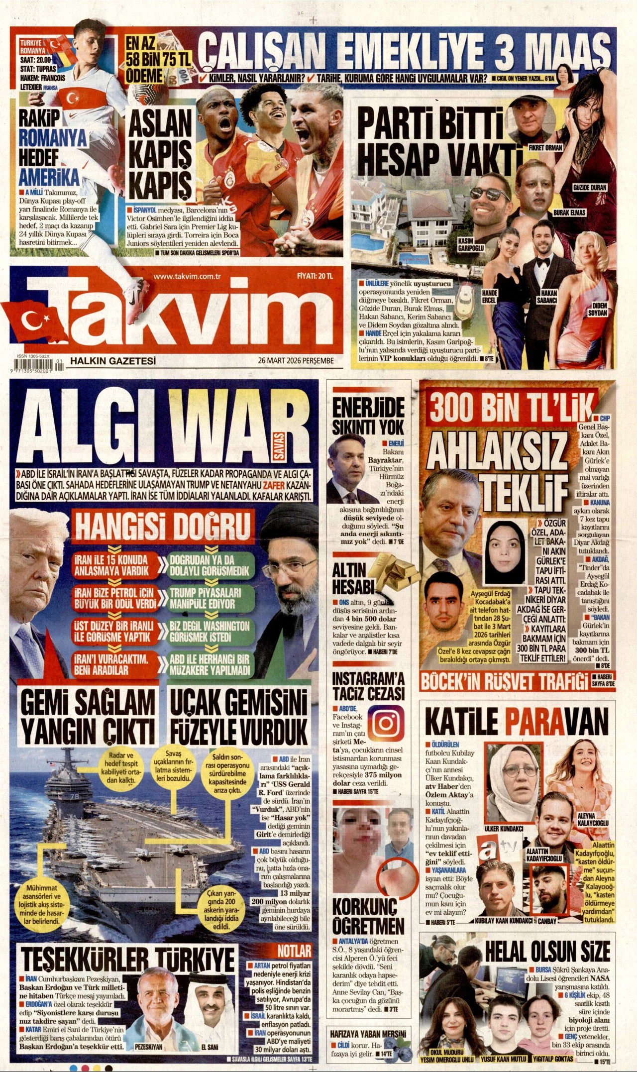 TAKVİM gazetesinin 26 Mart 2026 tarihli birinci sayfası