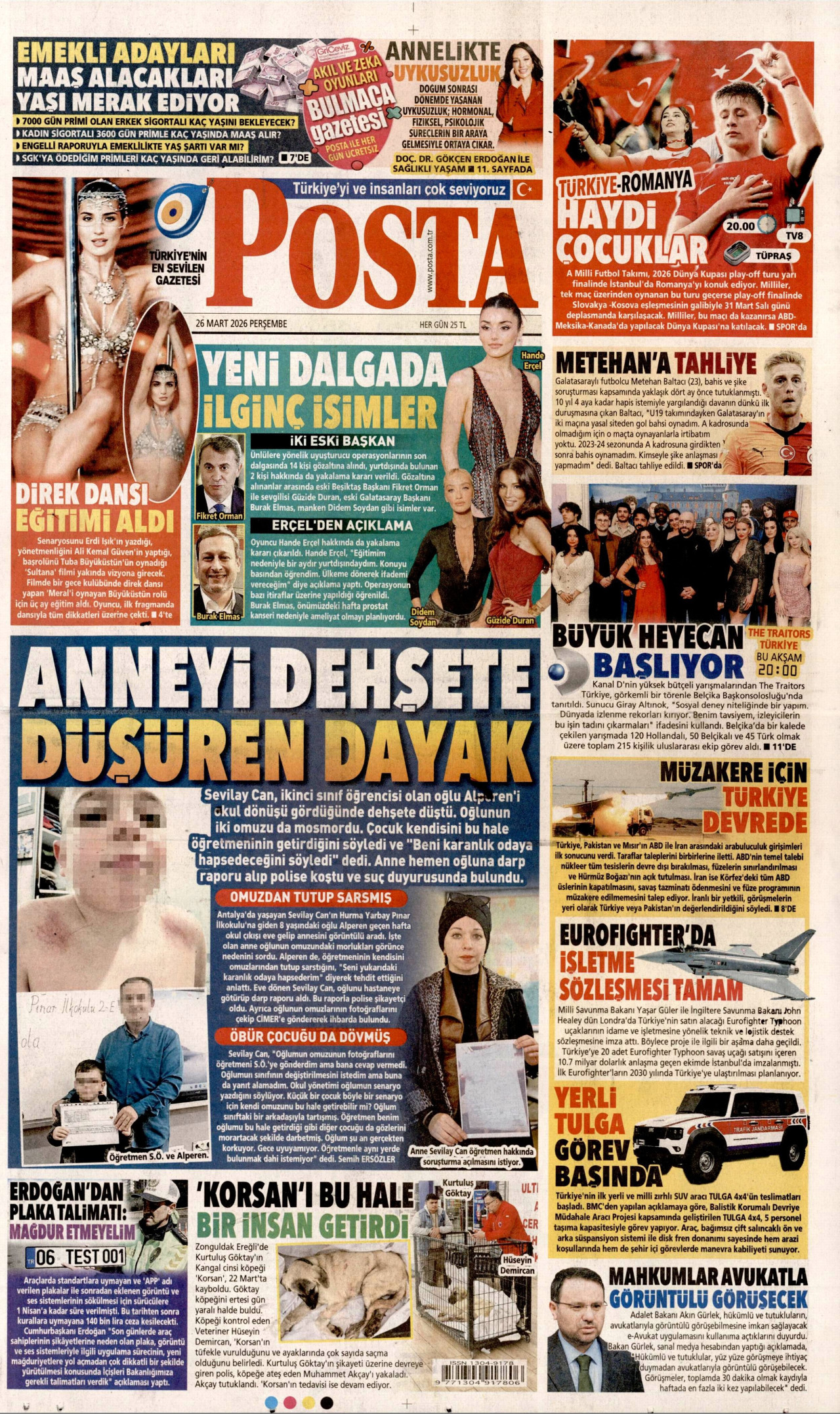 POSTA gazetesinin 26 Mart 2026 tarihli birinci sayfası