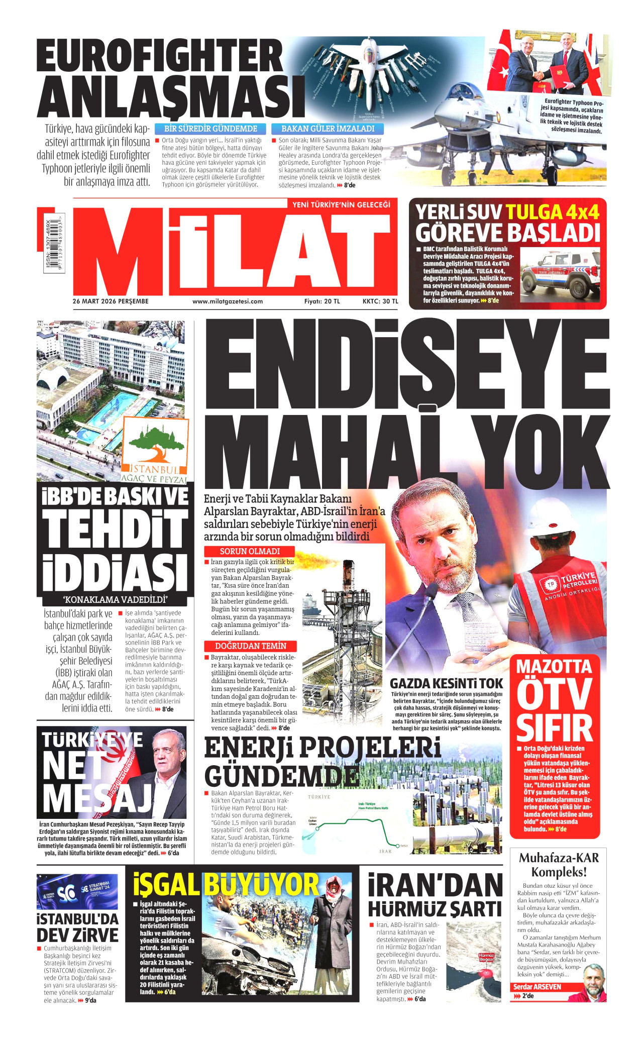 MİLAT gazetesinin 26 Mart 2026 tarihli birinci sayfası