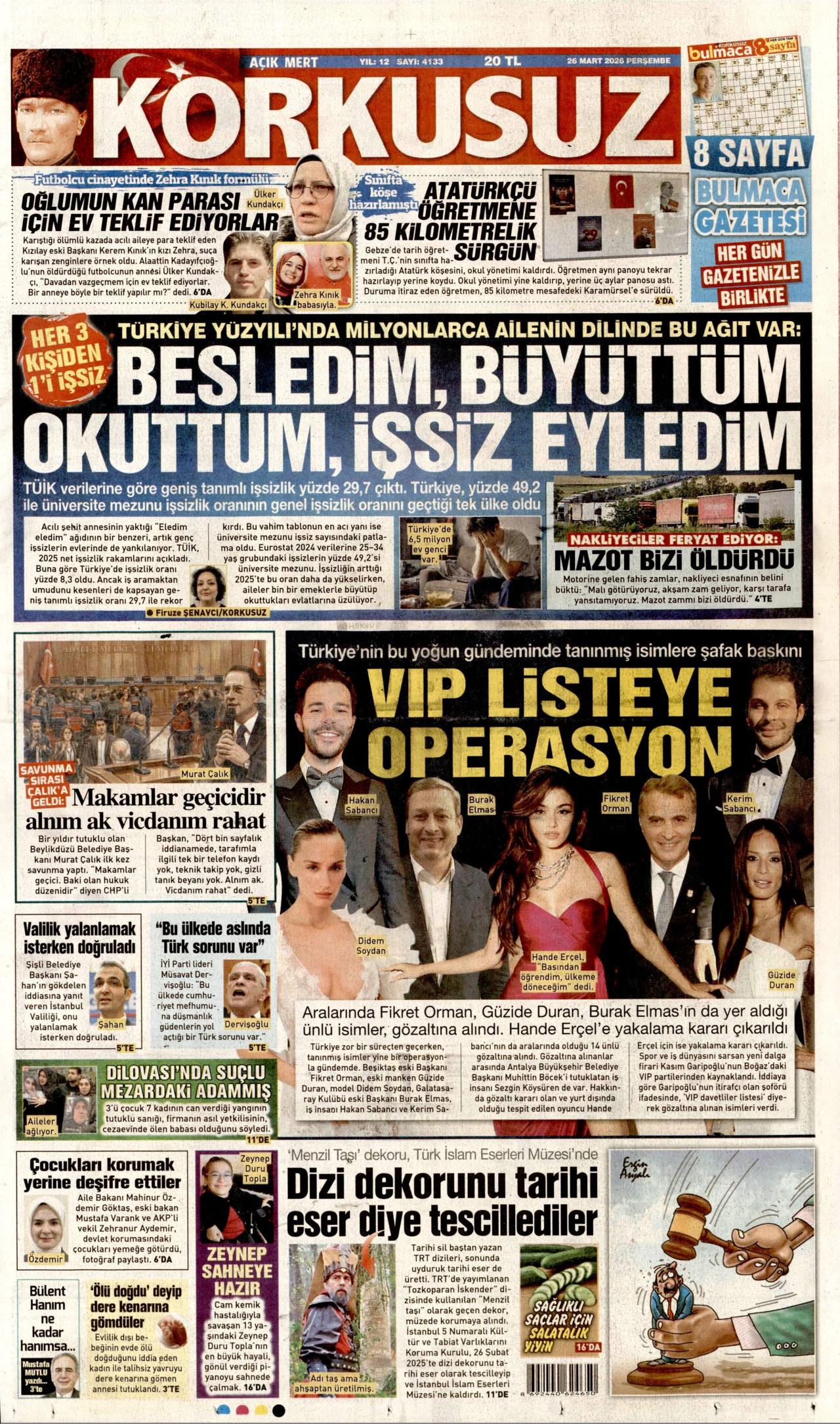 KORKUSUZ gazetesinin 26 Mart 2026 tarihli birinci sayfası