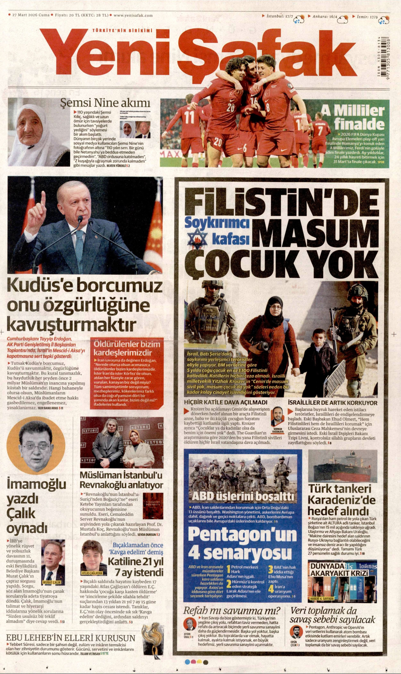 YENİ ŞAFAK gazetesinin 27 Mart 2026 tarihli birinci sayfası