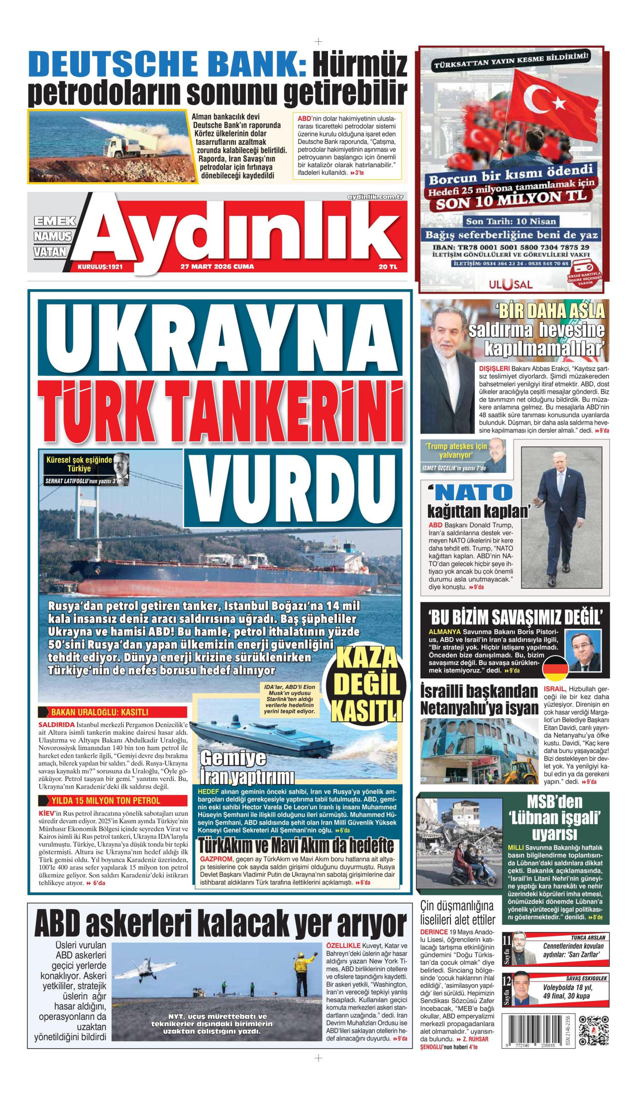 AYDINLIK GAZETESİ gazetesinin 27 Mart 2026 tarihli birinci sayfası