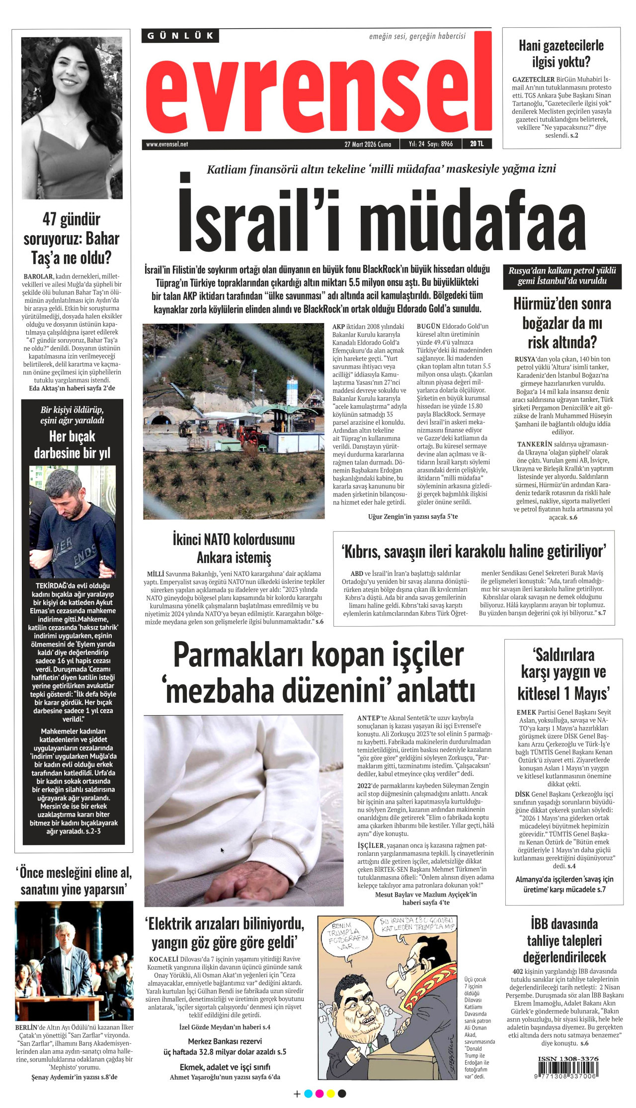 EVRENSEL gazetesinin 27 Mart 2026 tarihli birinci sayfası