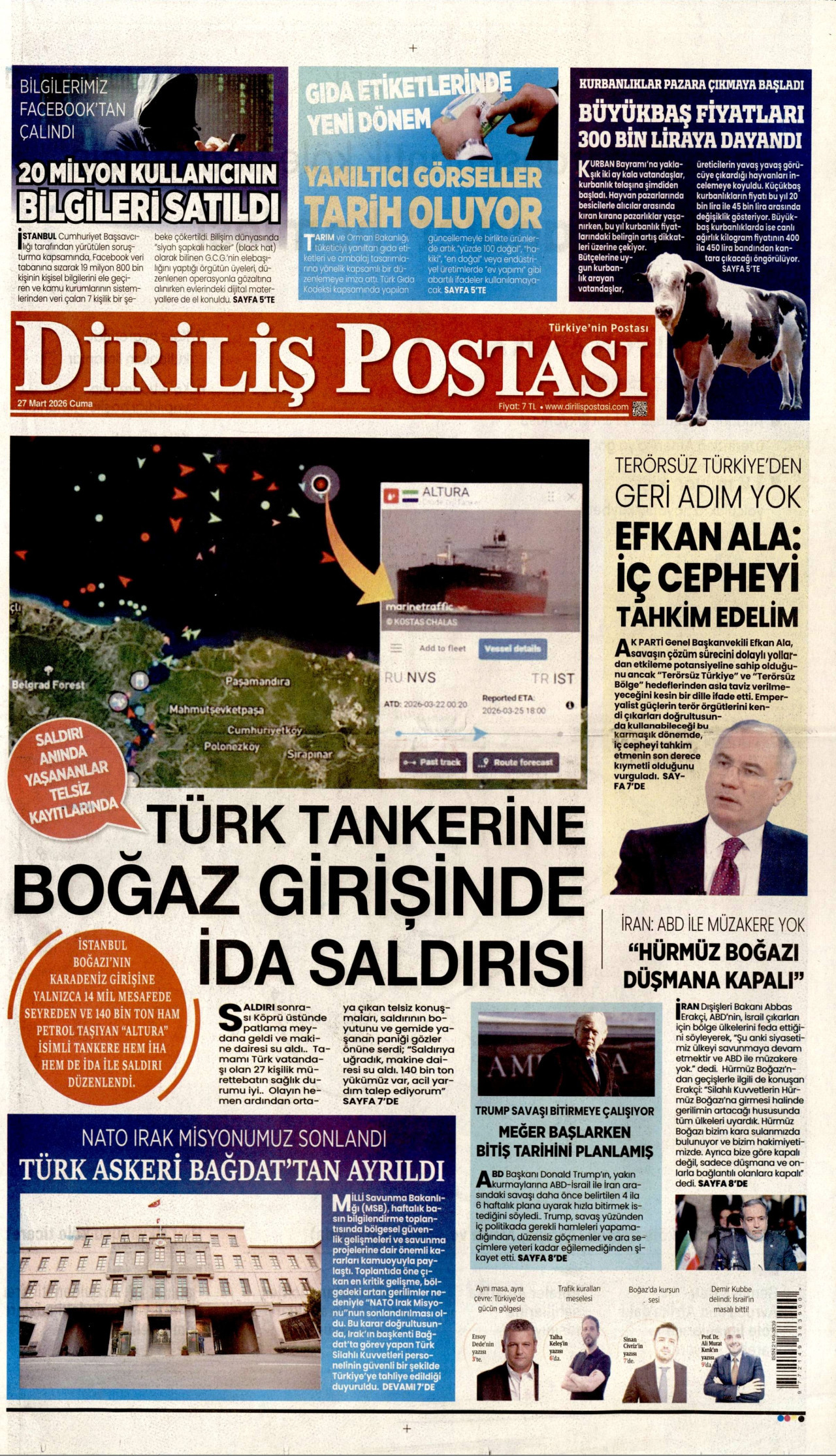 DİRİLİŞ POSTASI gazetesinin 27 Mart 2026 tarihli birinci sayfası