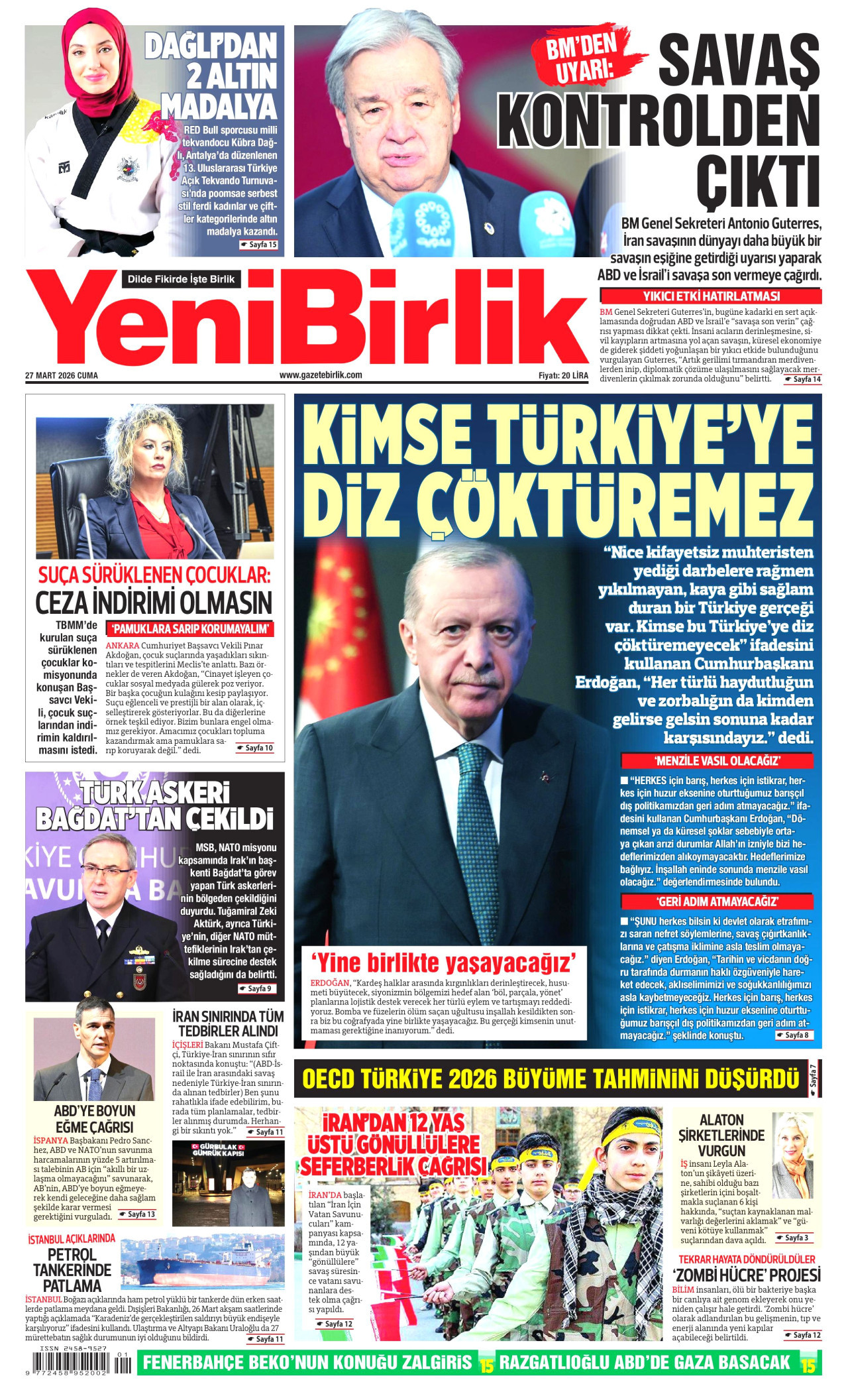 YENİBİRLİK gazetesinin 27 Mart 2026 tarihli birinci sayfası