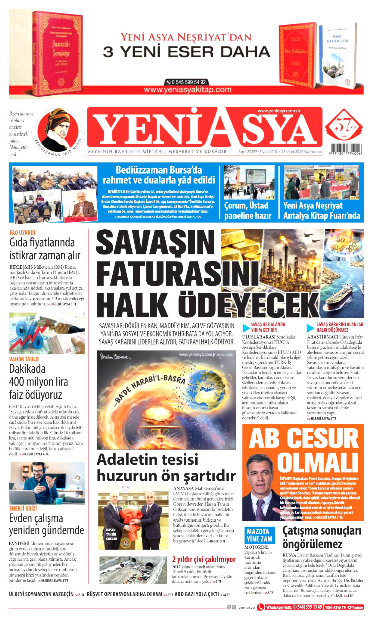 YENİ ASYA gazetesinin 28 Mart 2026 tarihli birinci sayfası