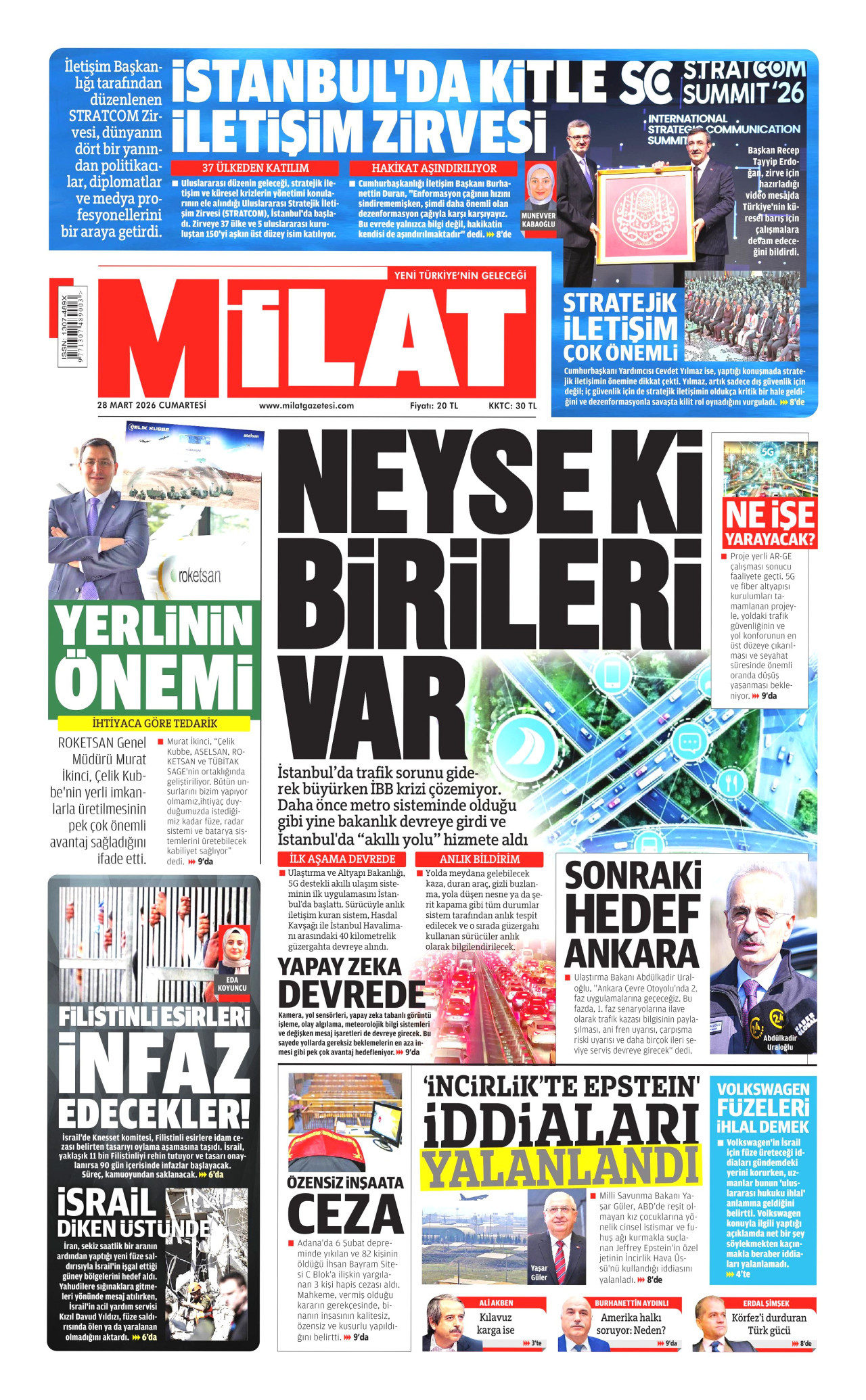 MİLAT gazetesinin 28 Mart 2026 tarihli birinci sayfası