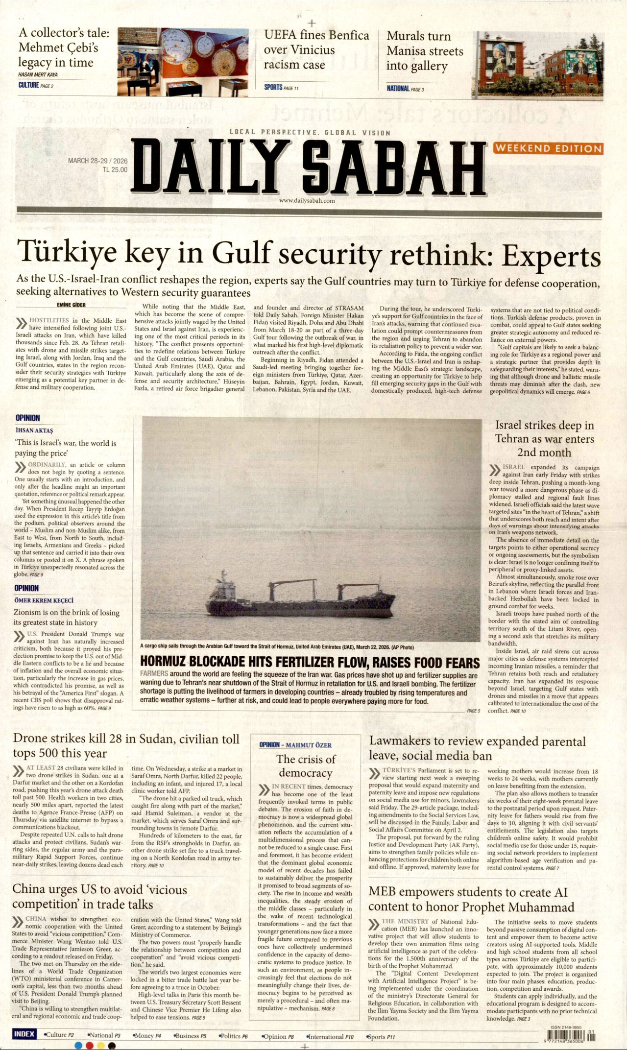 DAİLY SABAH gazetesinin 28 Mart 2026 tarihli birinci sayfası
