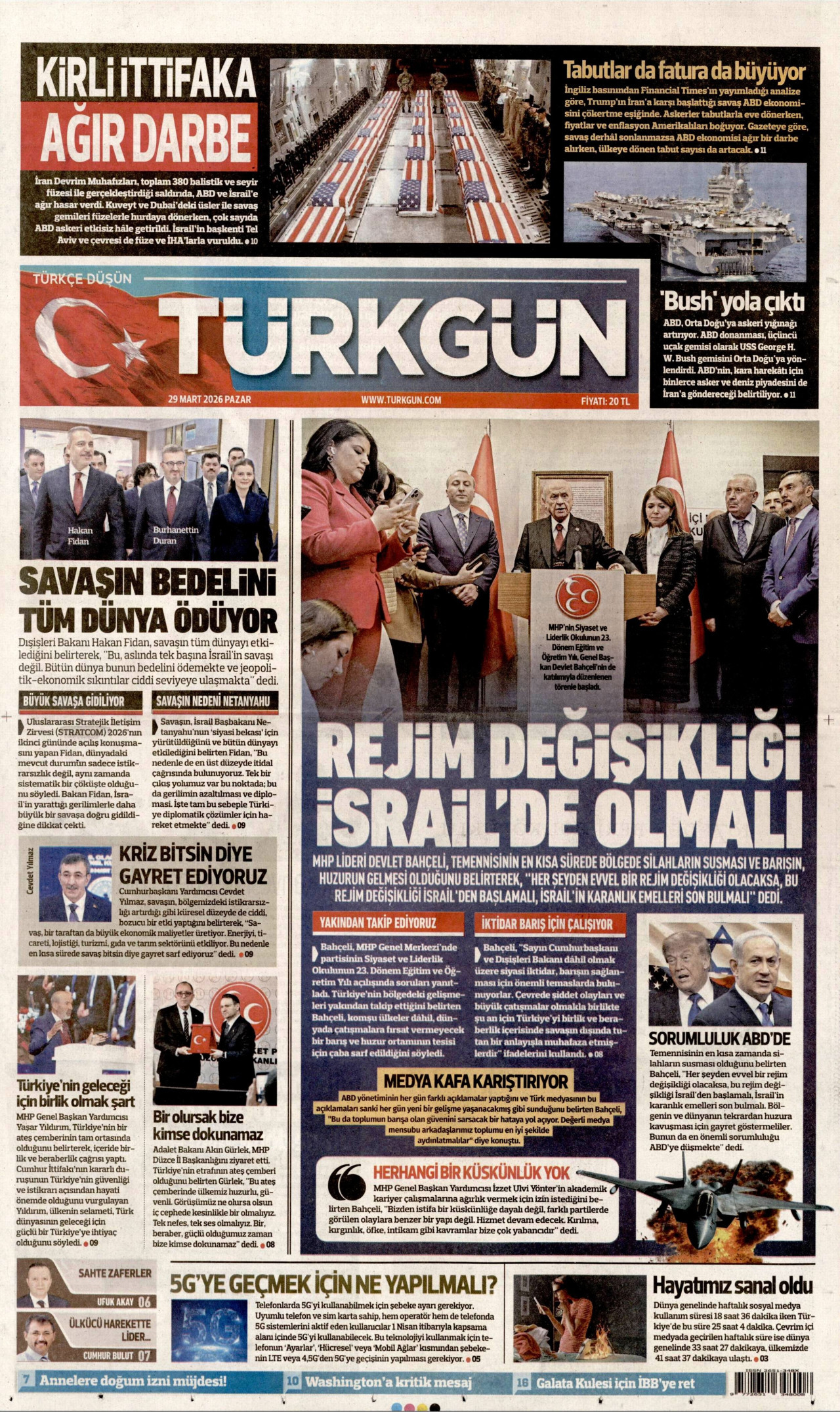TÜRKGÜN gazetesinin 29 Mart 2026 tarihli birinci sayfası