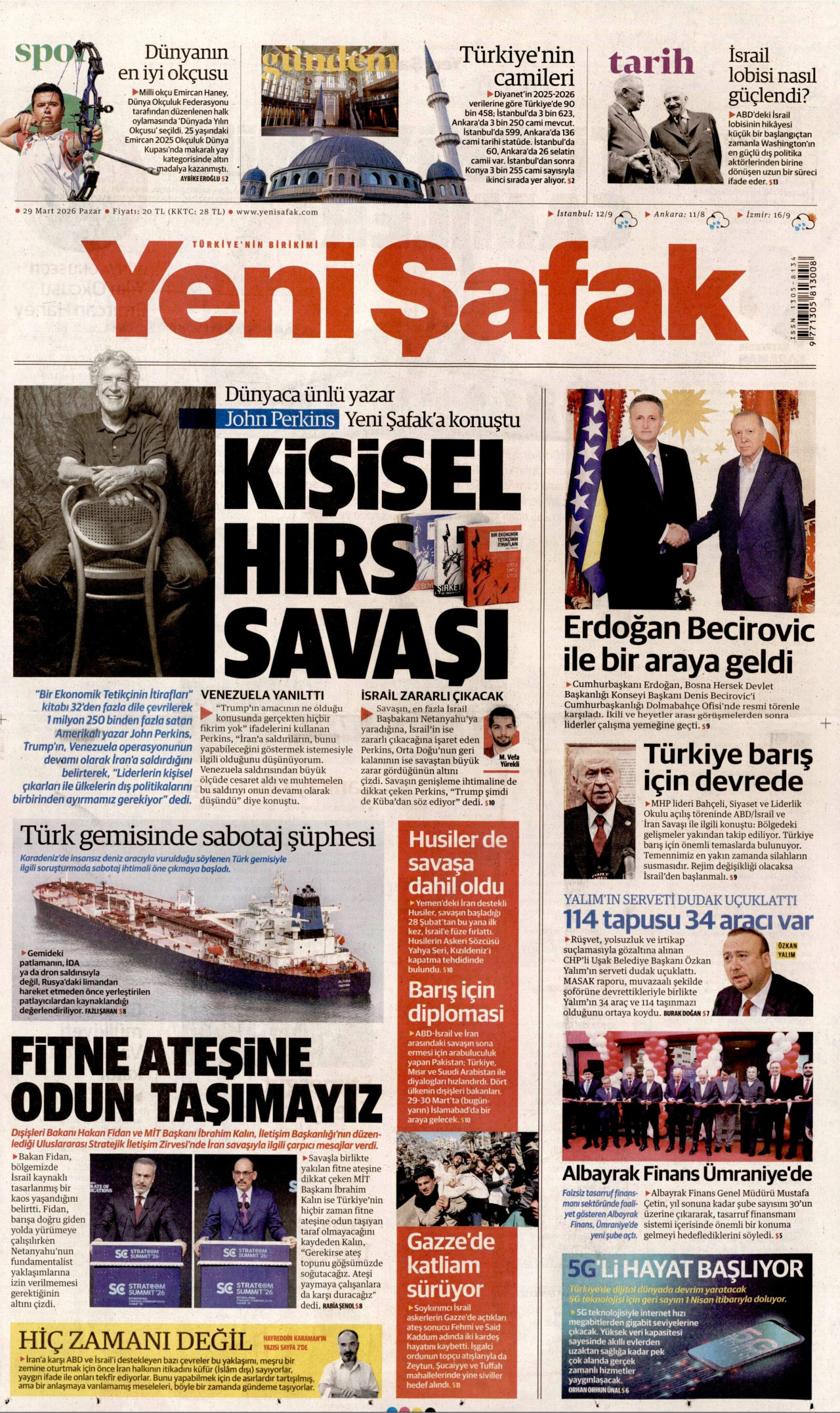 YENİ ŞAFAK gazetesinin 29 Mart 2026 tarihli birinci sayfası