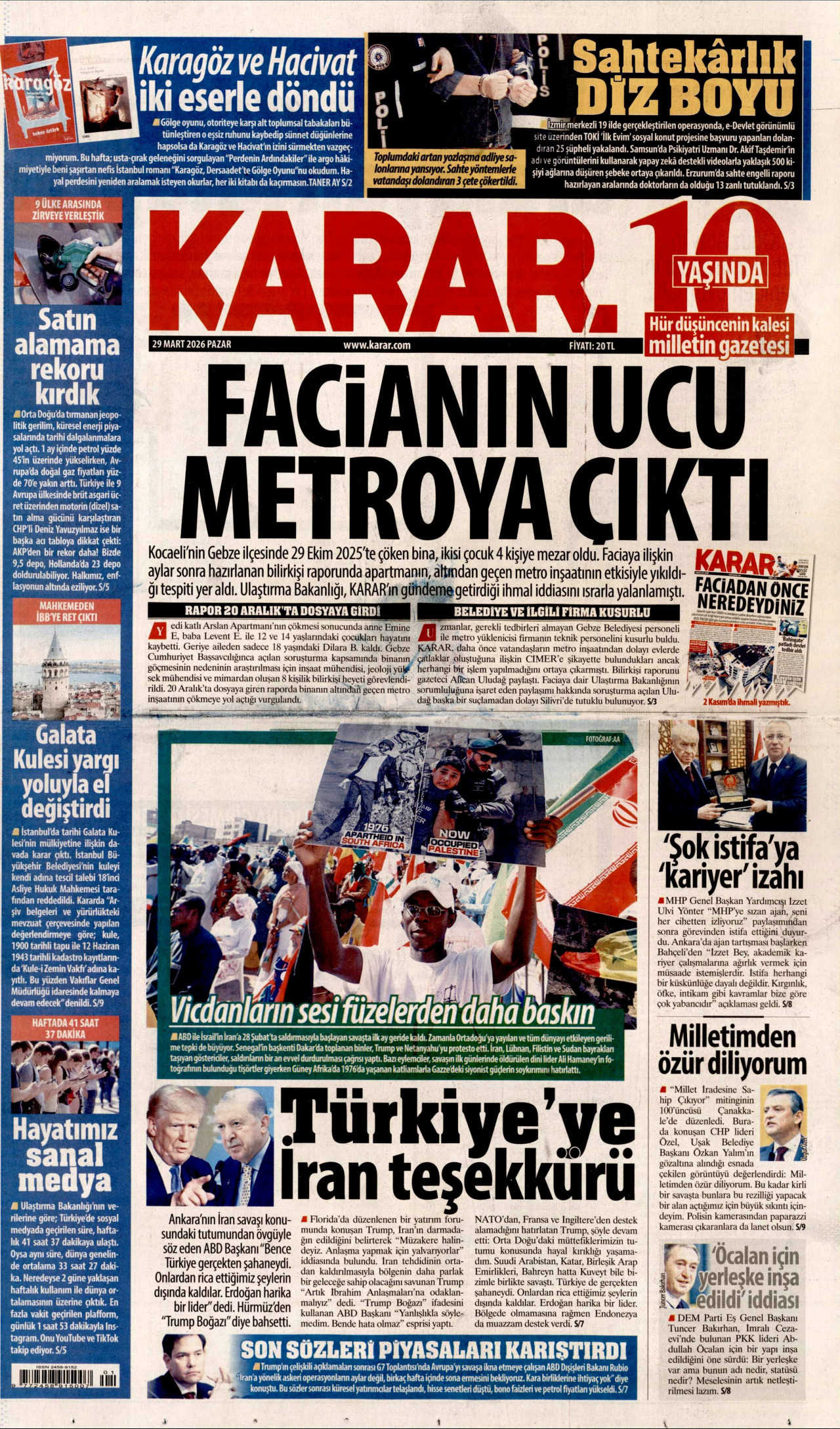 KARAR gazetesinin 29 Mart 2026 tarihli birinci sayfası