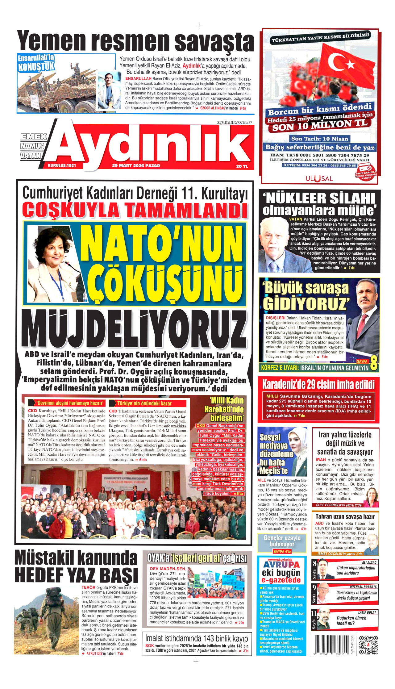 AYDINLIK GAZETESİ gazetesinin 29 Mart 2026 tarihli birinci sayfası