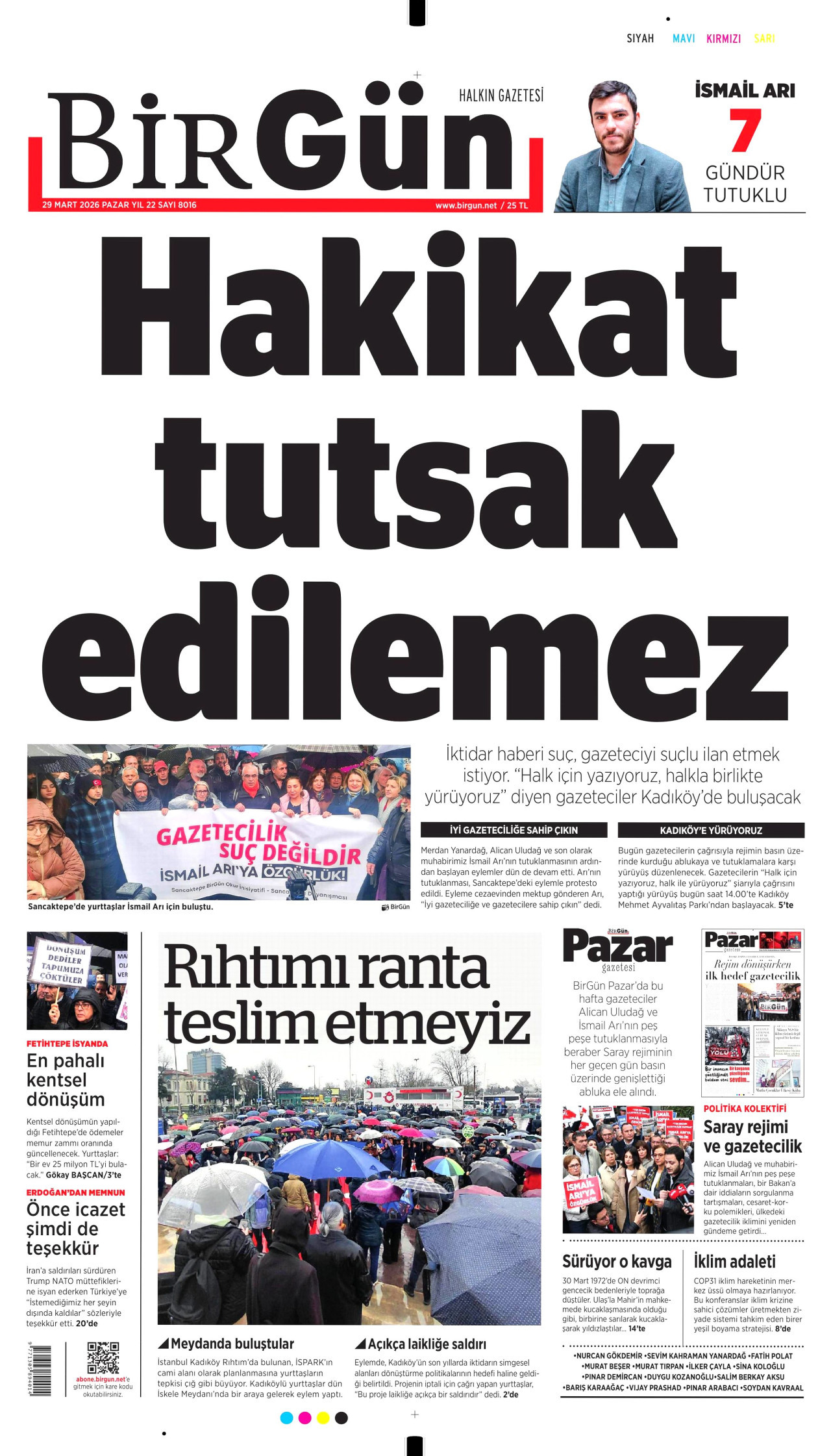 BİRGÜN gazetesinin 29 Mart 2026 tarihli birinci sayfası