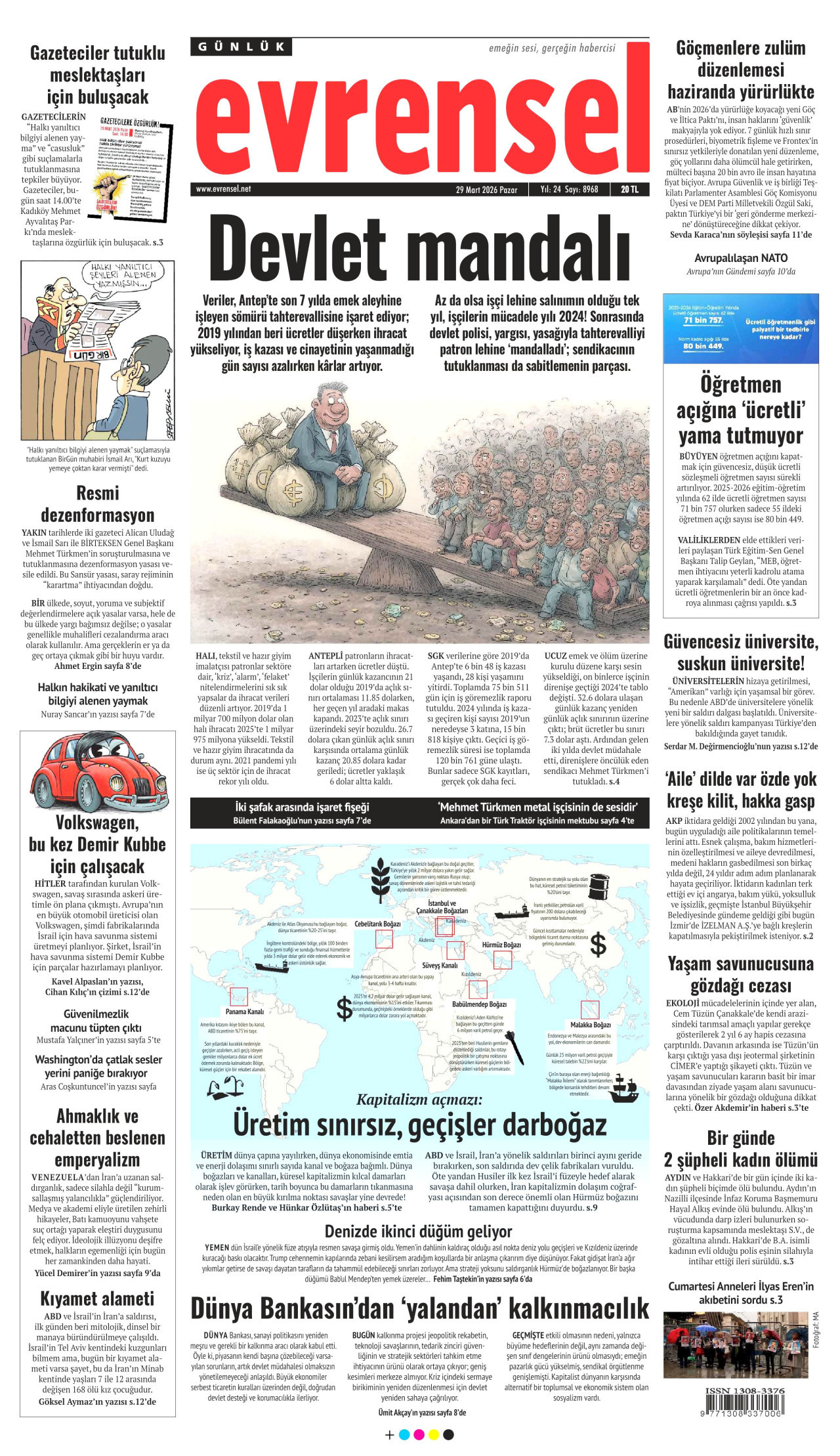 EVRENSEL gazetesinin 29 Mart 2026 tarihli birinci sayfası