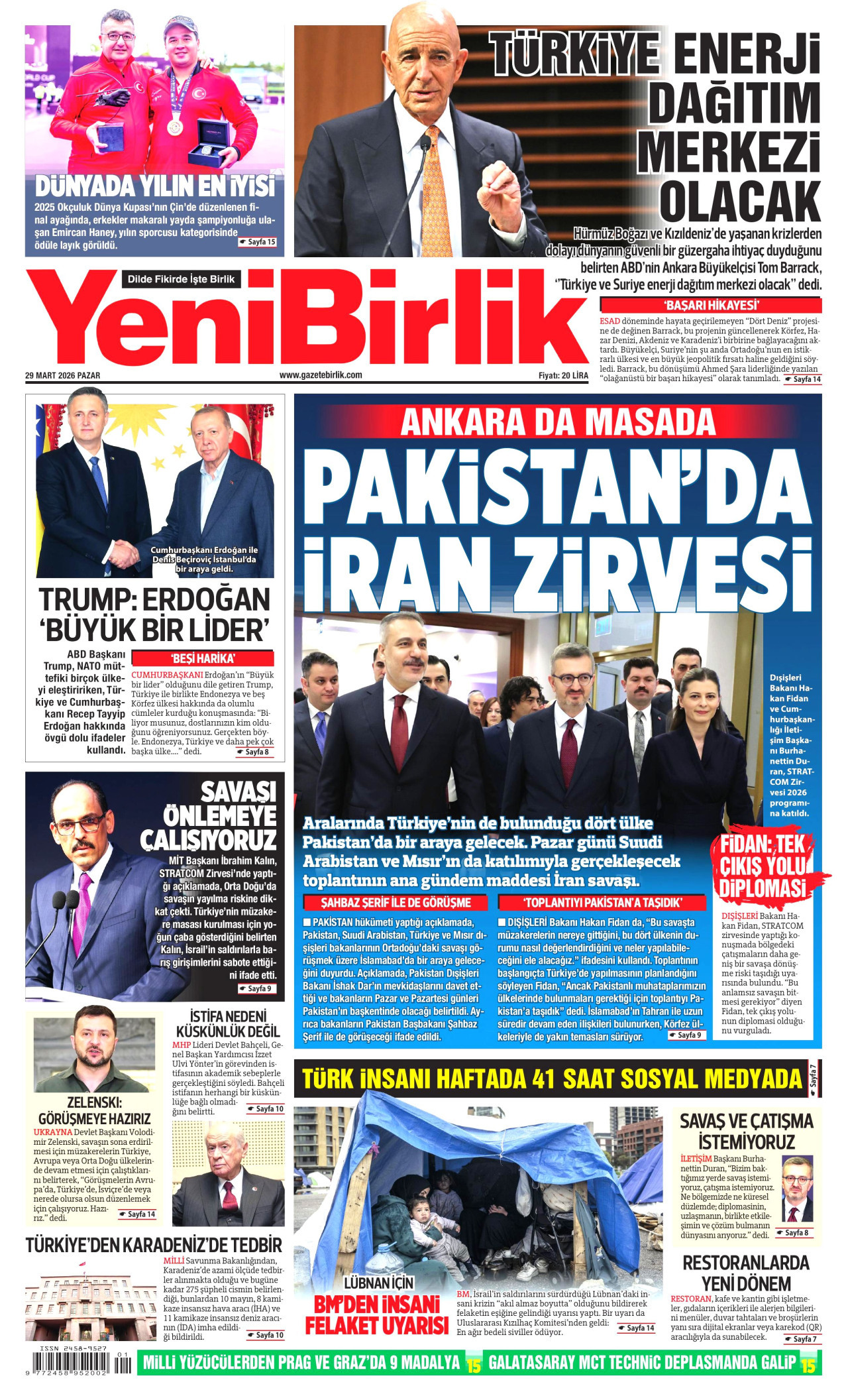 YENİBİRLİK gazetesinin 29 Mart 2026 tarihli birinci sayfası