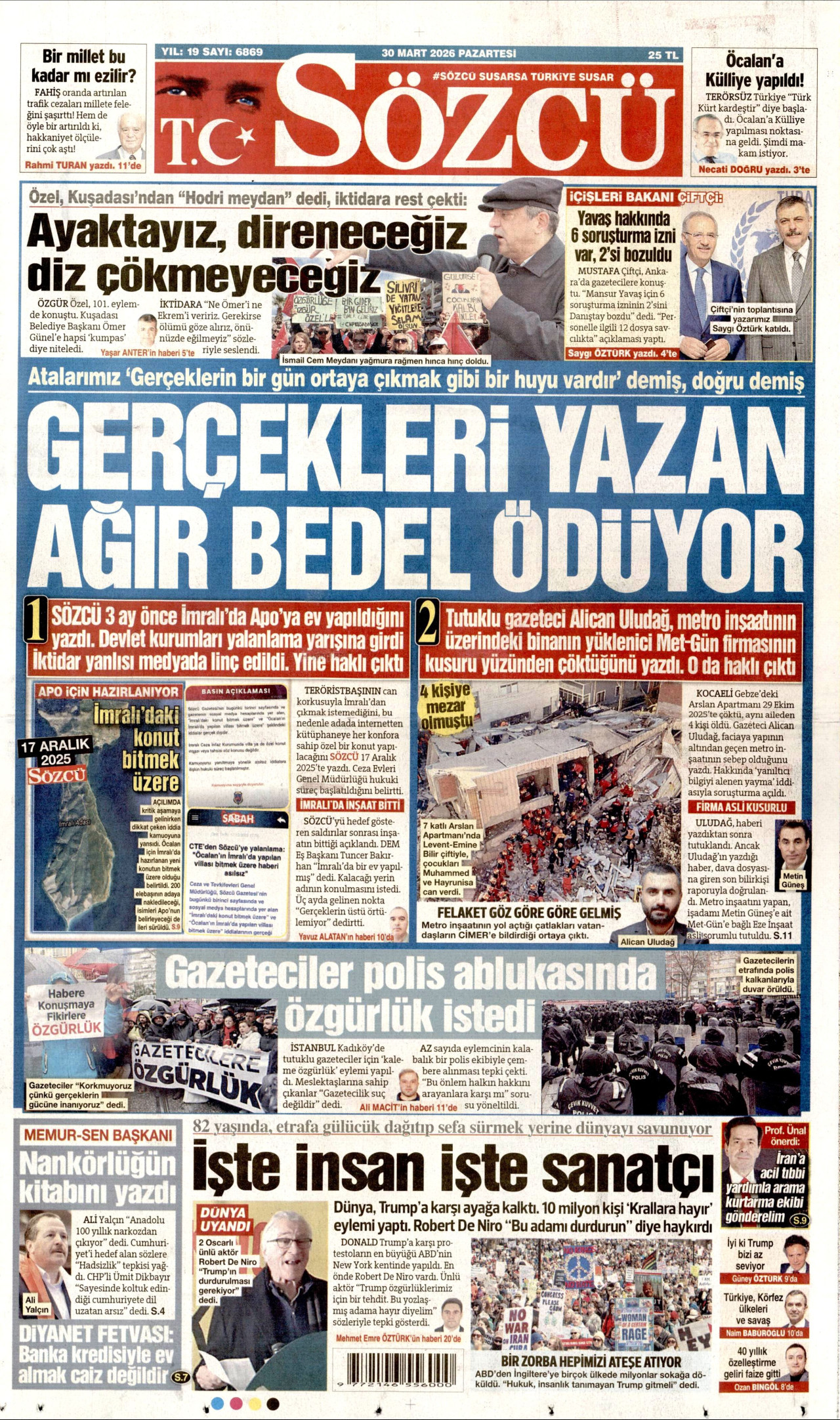 SÖZCÜ gazetesinin 30 Mart 2026 tarihli birinci sayfası
