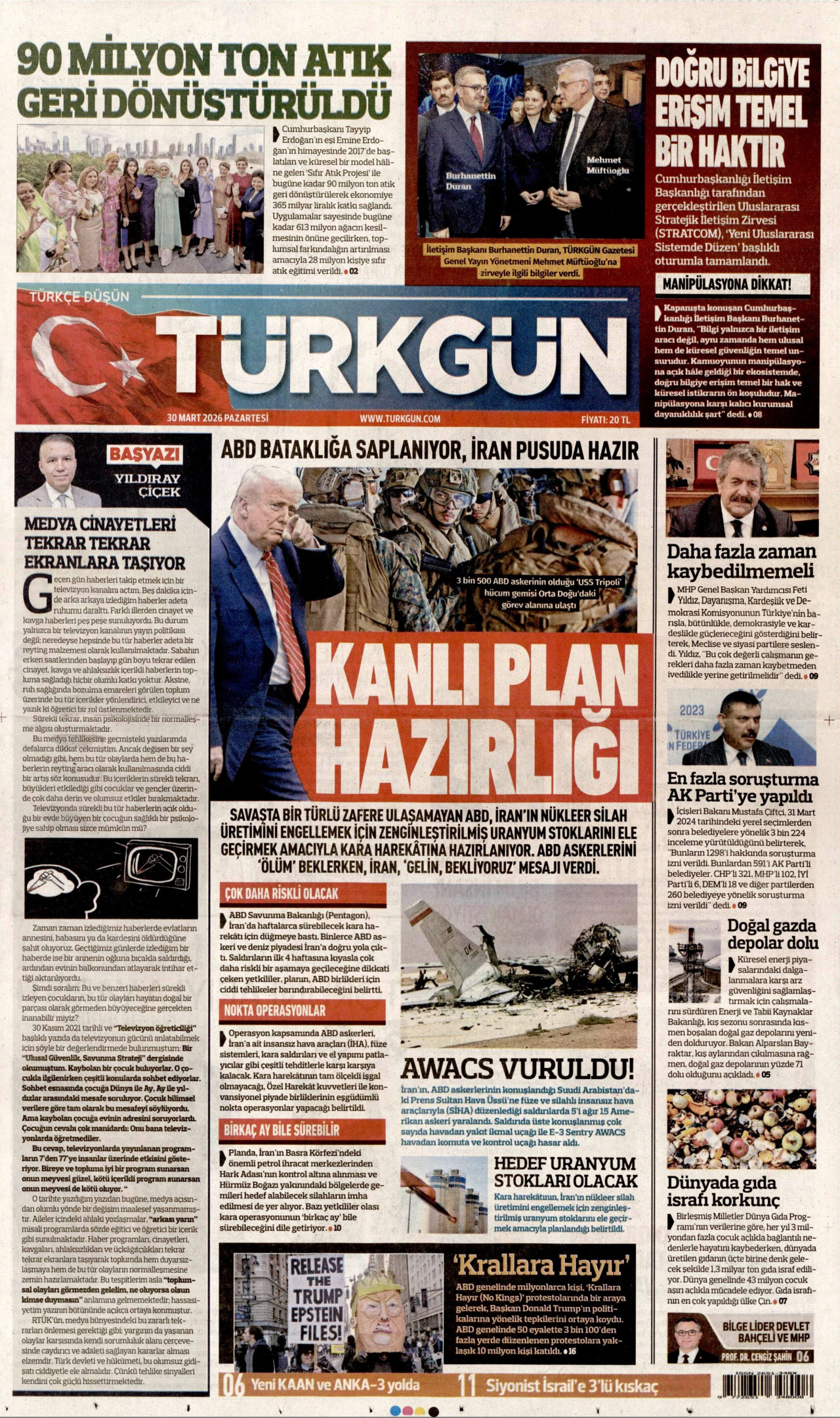 TÜRKGÜN gazetesinin 30 Mart 2026 tarihli birinci sayfası
