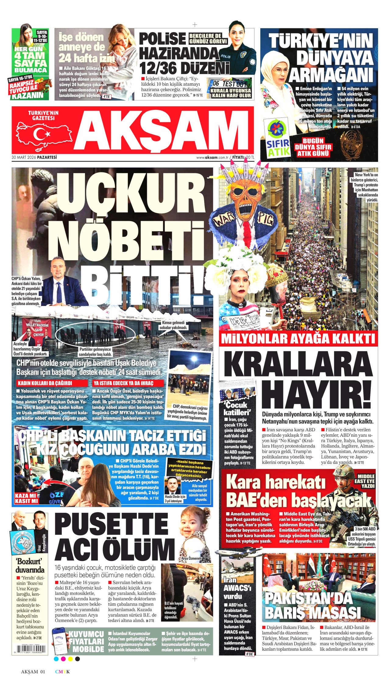 AKŞAM gazetesinin 30 Mart 2026 tarihli birinci sayfası