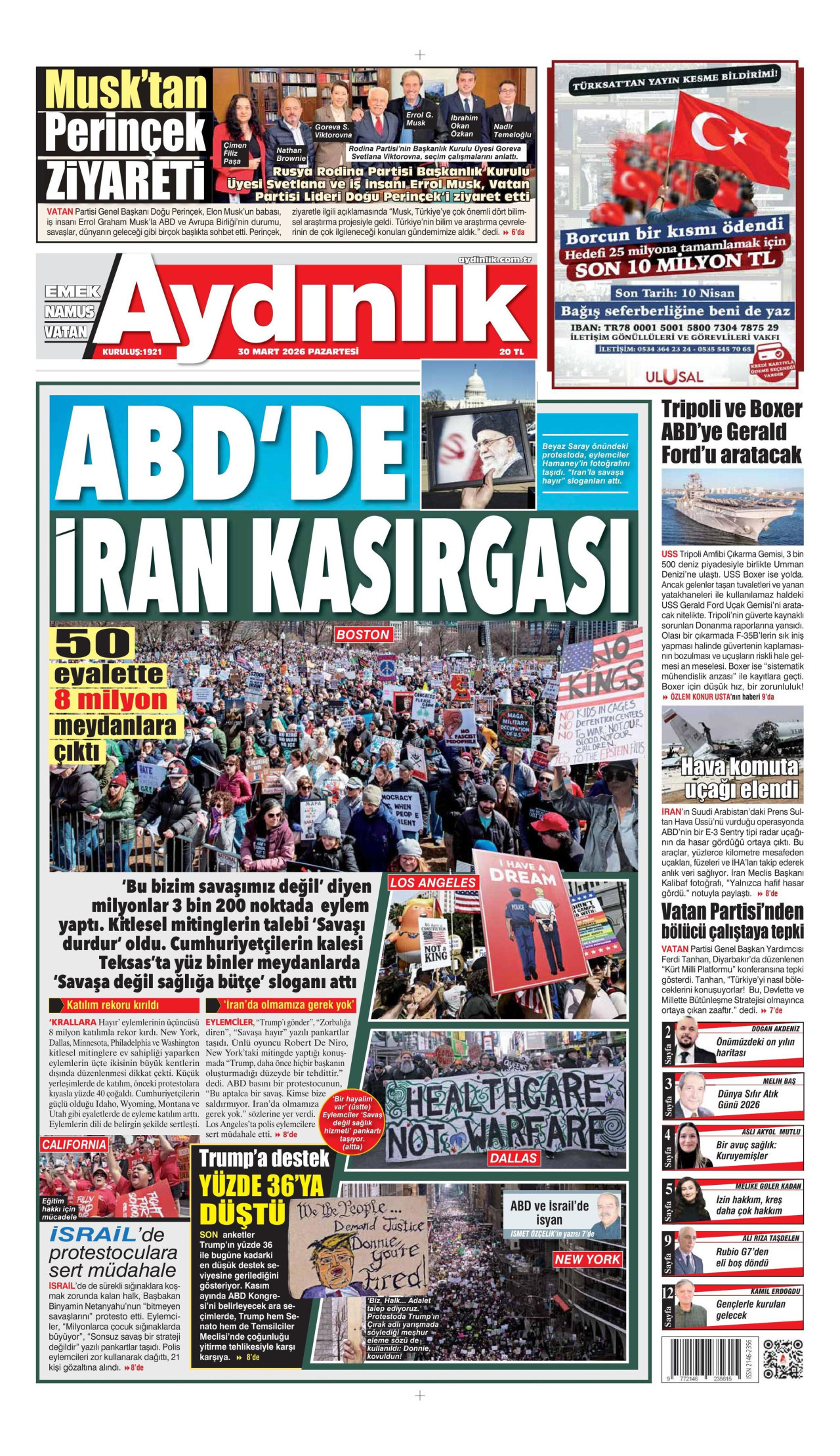 AYDINLIK GAZETESİ gazetesinin 30 Mart 2026 tarihli birinci sayfası
