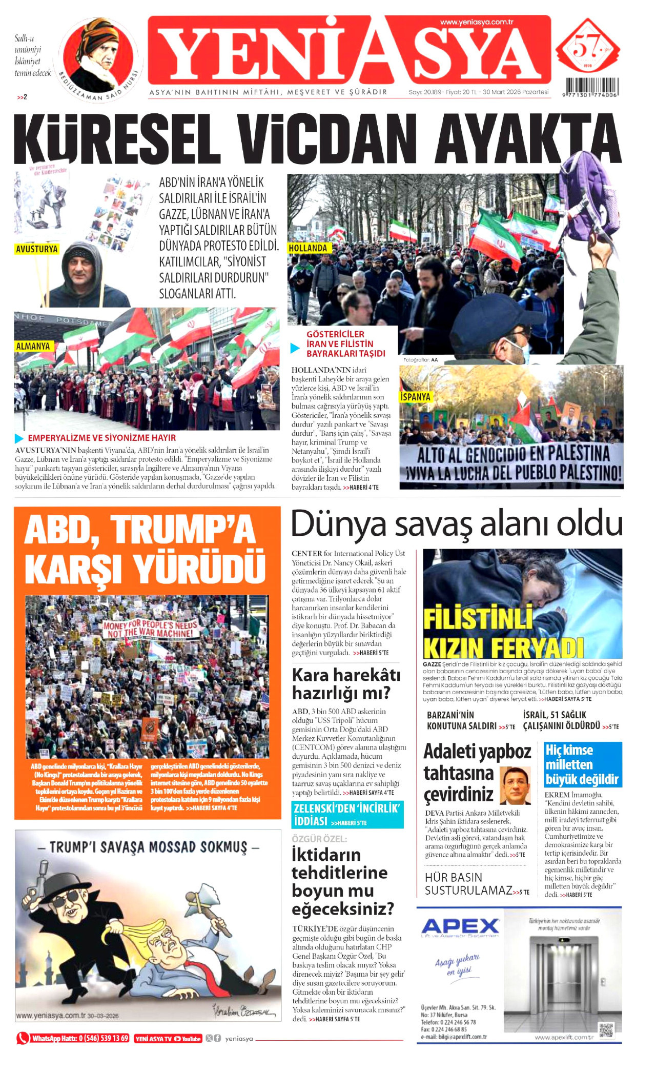 YENİ ASYA gazetesinin 30 Mart 2026 tarihli birinci sayfası