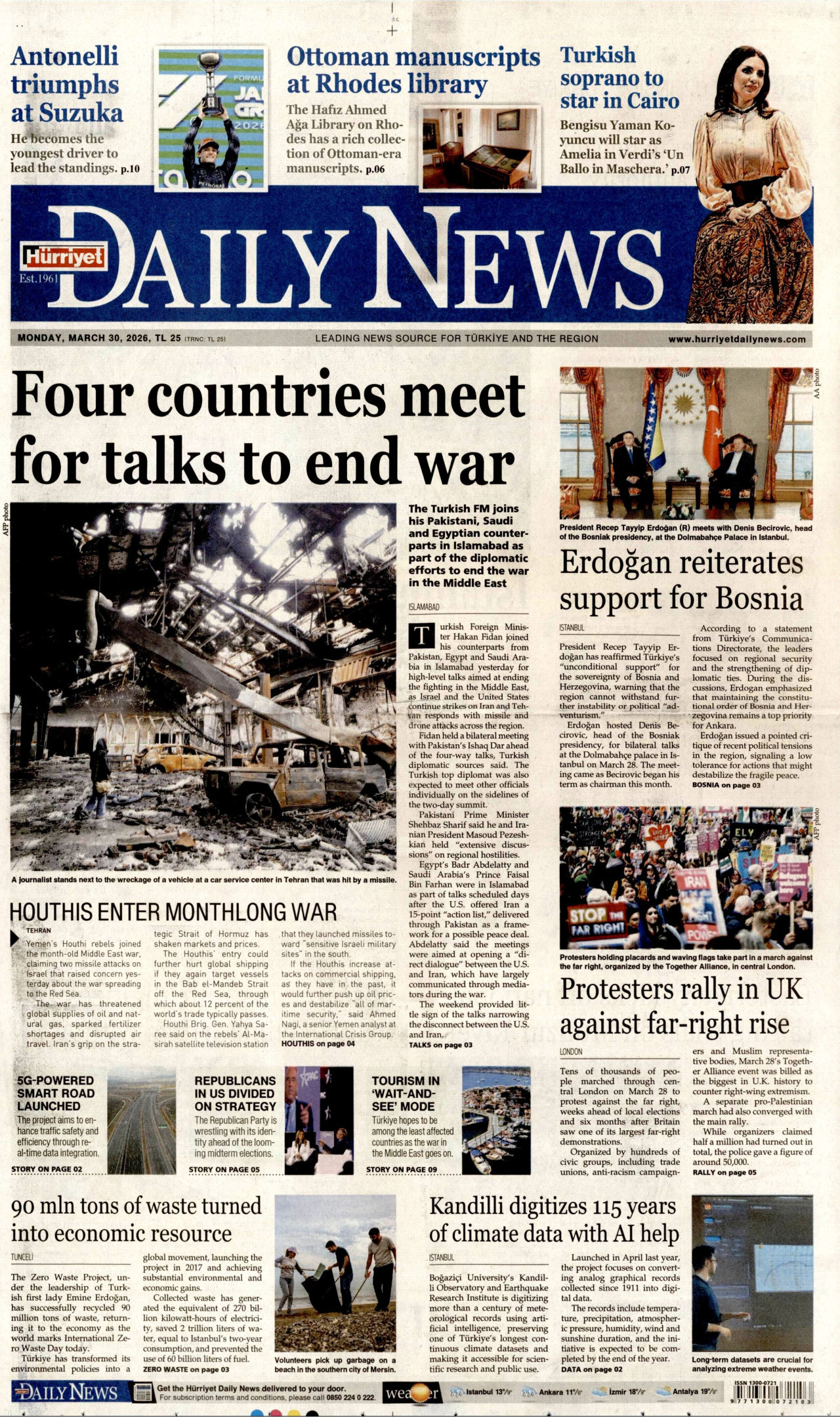HÜRRİYET DAİLY NEWS gazetesinin 30 Mart 2026 tarihli birinci sayfası