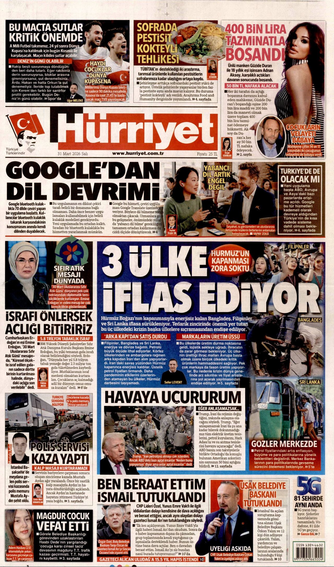 HÜRRİYET gazetesinin 31 Mart 2026 tarihli birinci sayfası