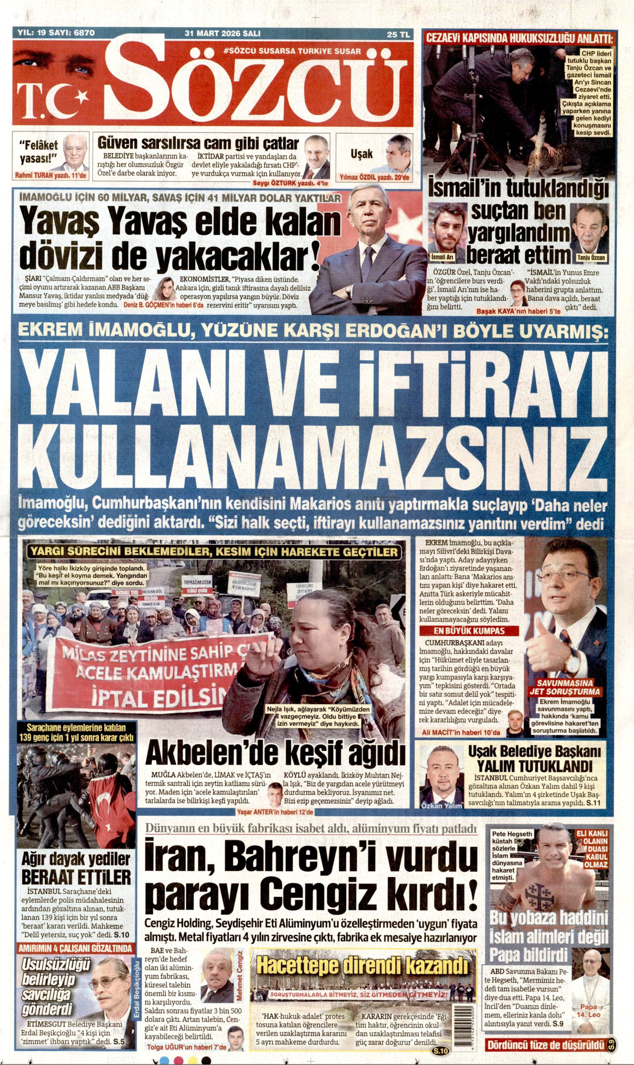 SÖZCÜ gazetesinin 31 Mart 2026 tarihli birinci sayfası