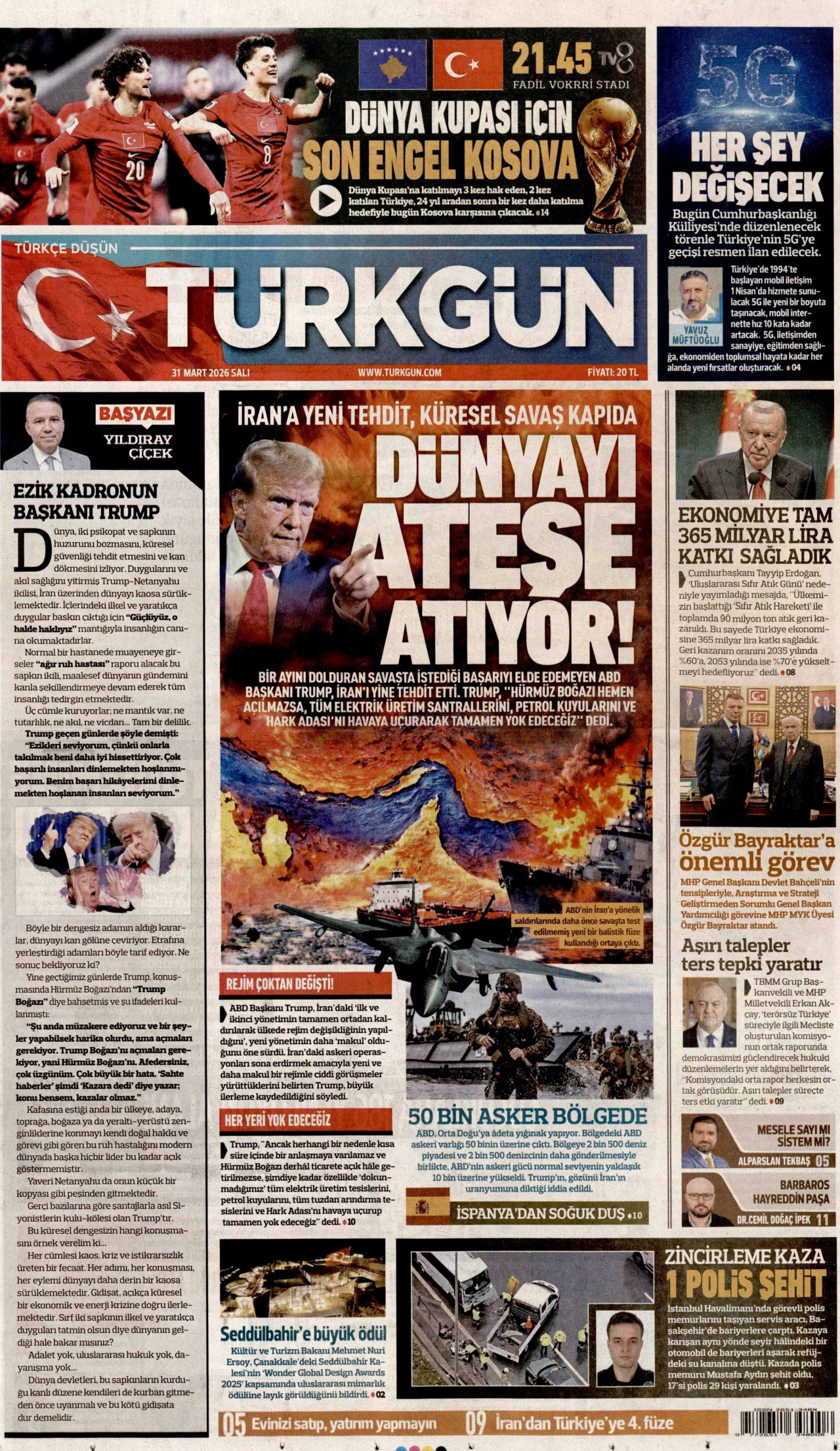 TÜRKGÜN gazetesinin 31 Mart 2026 tarihli birinci sayfası