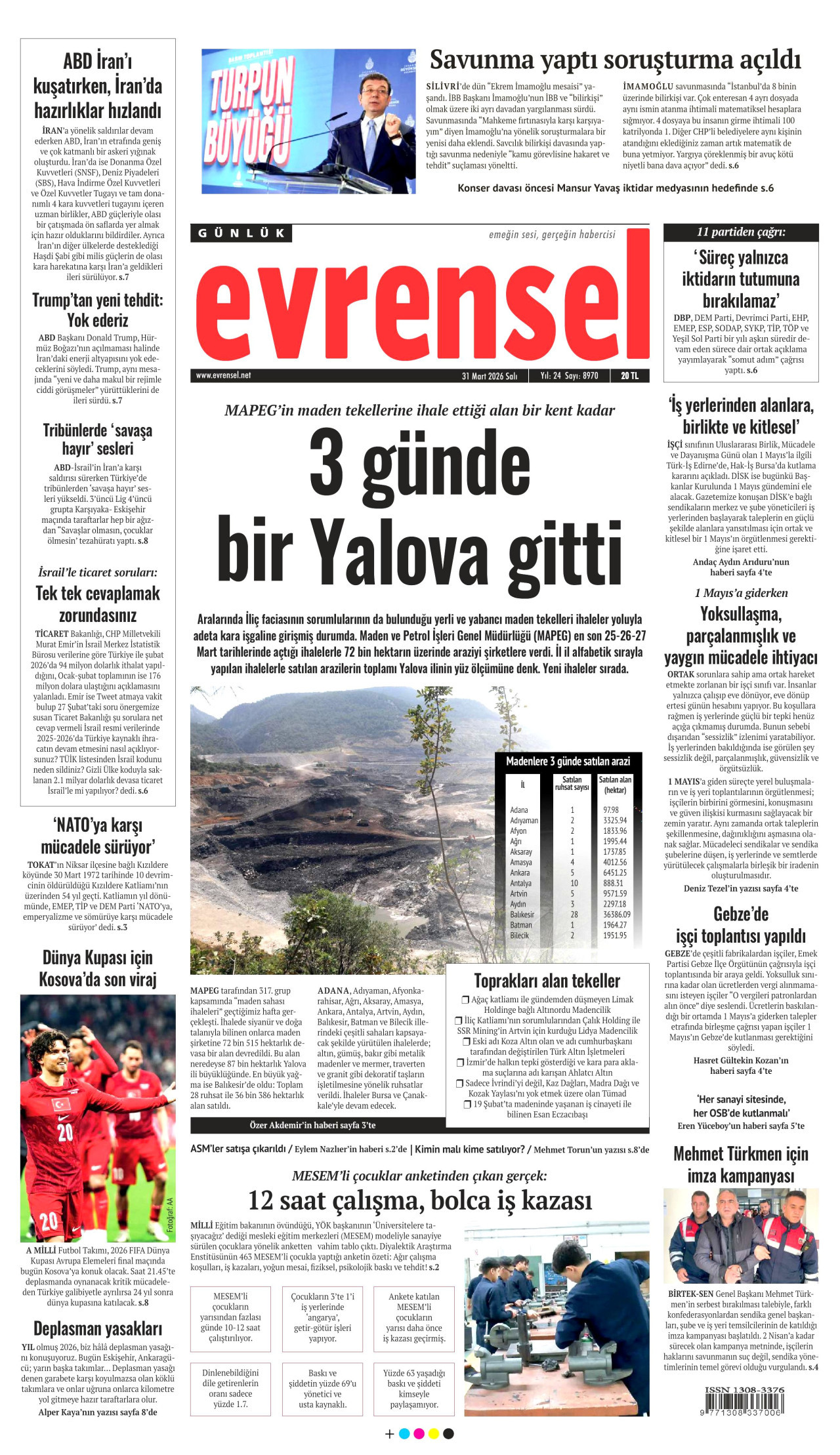 EVRENSEL gazetesinin 31 Mart 2026 tarihli birinci sayfası